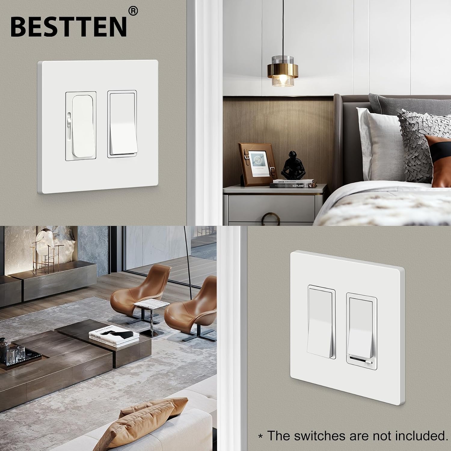 BESTTEN [10 Pack] 2 Gang Screwless Decorative Outlet Cover, Mid-Size Wall Plate, H4.88" x W4.93", Faceplate Cover for