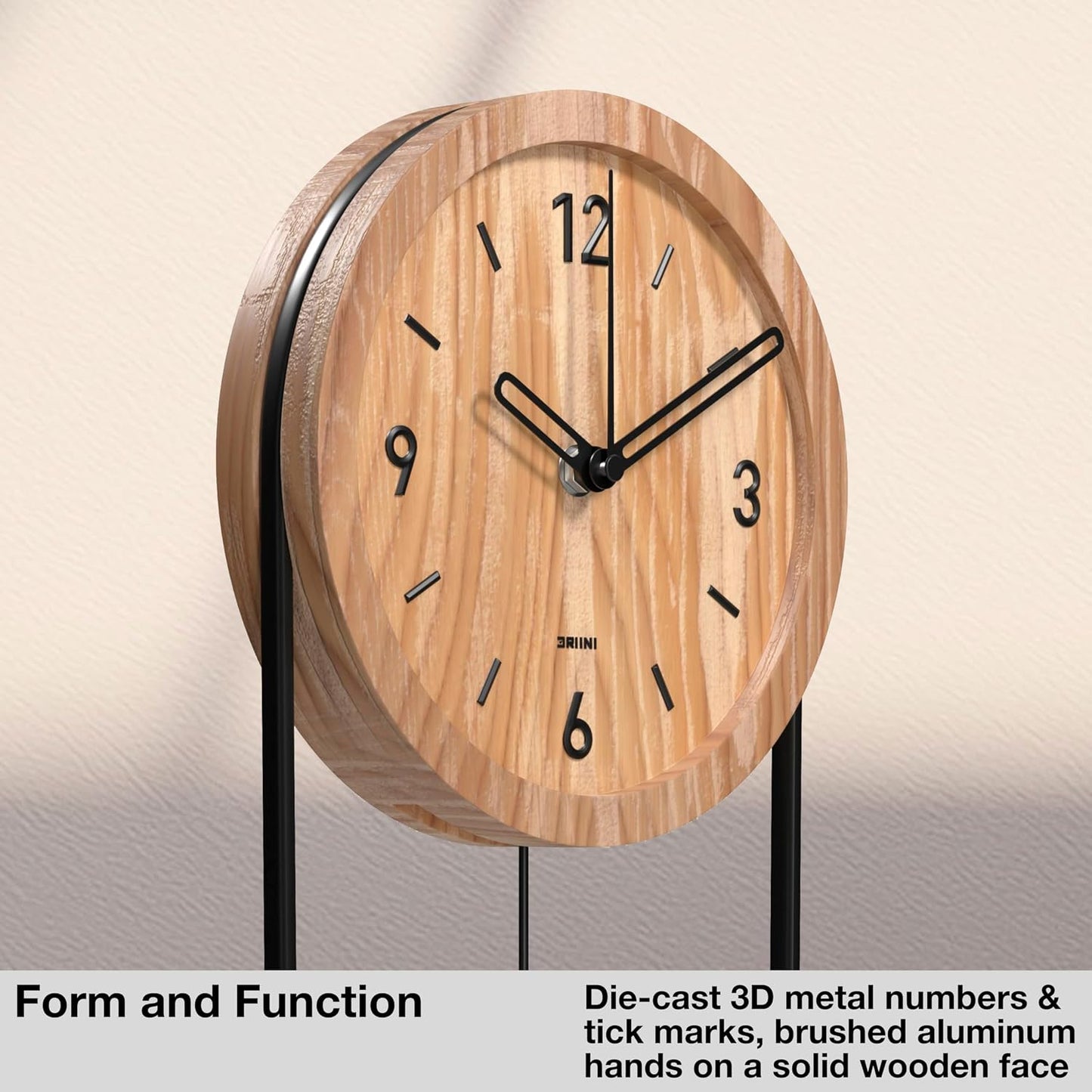 Driini Decorative Wall Clock with Pendulum (Oak) – Modern Wood, 3D Gold Numbers, Metal Frame – Small, Unique Wall