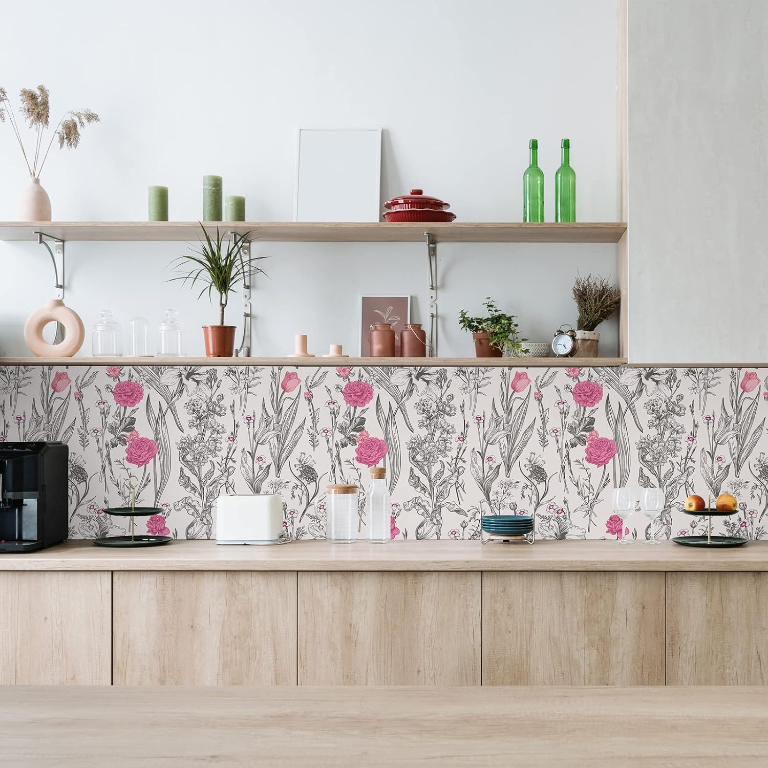 17.7''x354'' Grey Sketch Floral Wallpaper Vintage Pink Flower Peel / 17.7 x 354 / Grey, Pink
