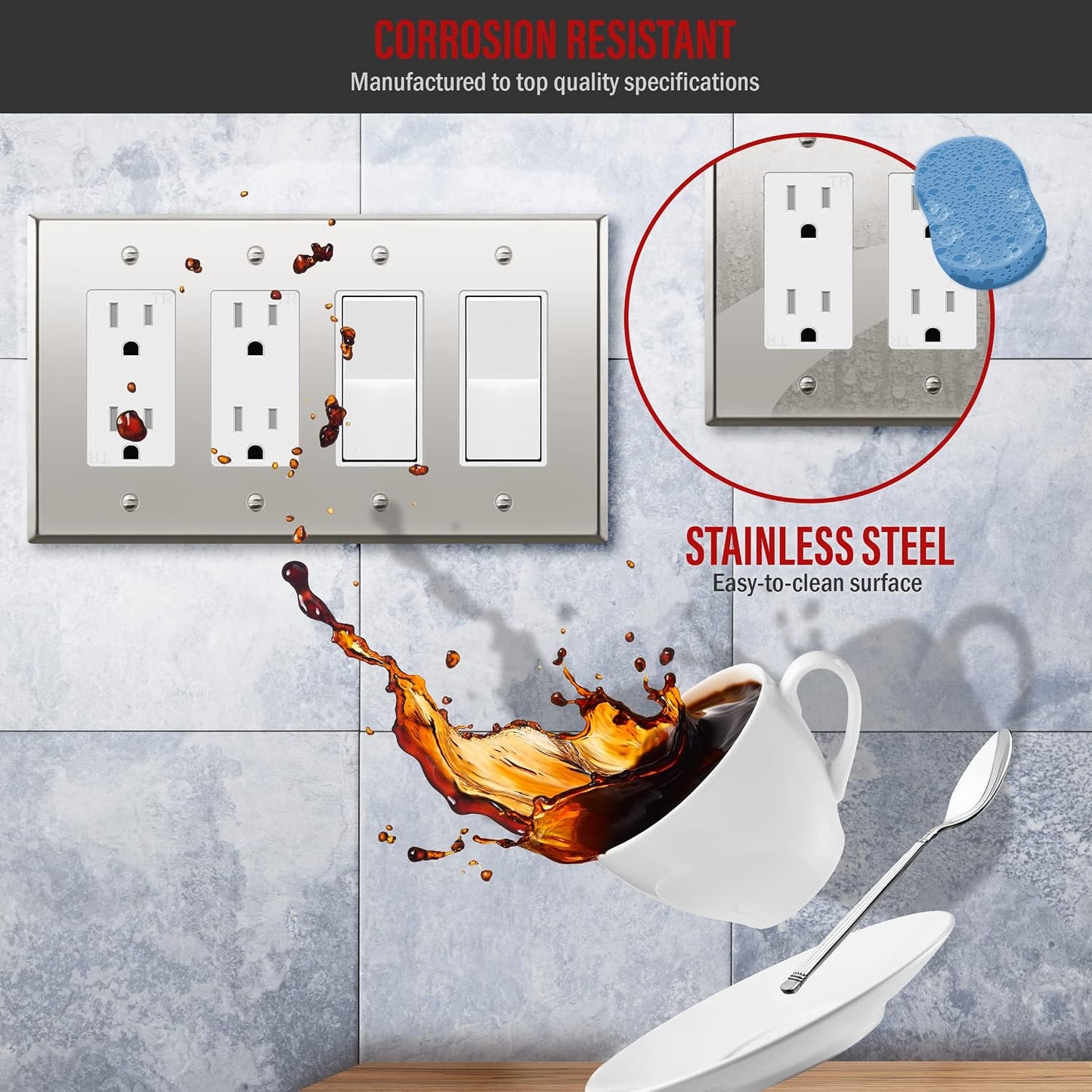 ENERLITES Quad Decorator Metal Wall Plate, Decorator Switch Receptacle Cover, Corrosion Resistant, Stainless Steel 201