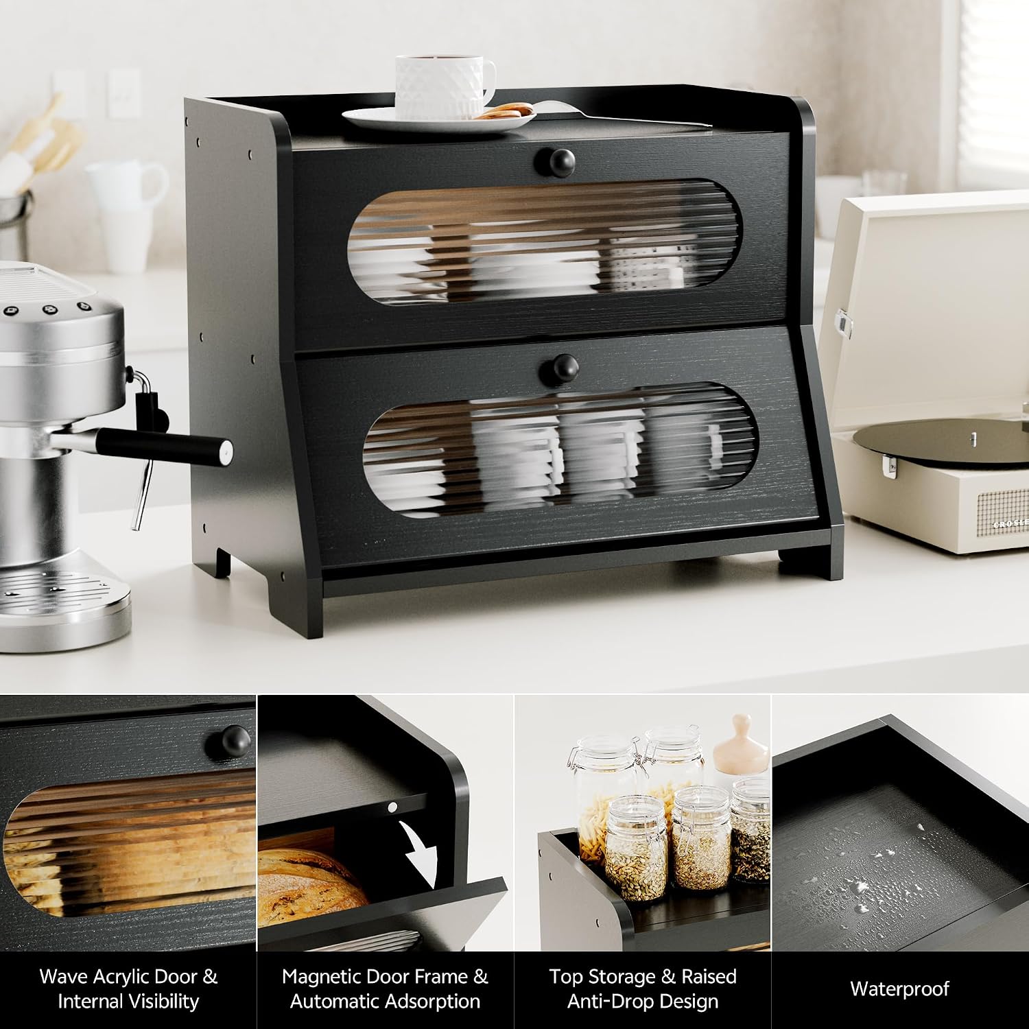 Bread Box,Extra Large 2-Tier Bamboo Bread Box for Kitchen Countertop,Bread Storage Container with Magnetic Acrylic Door