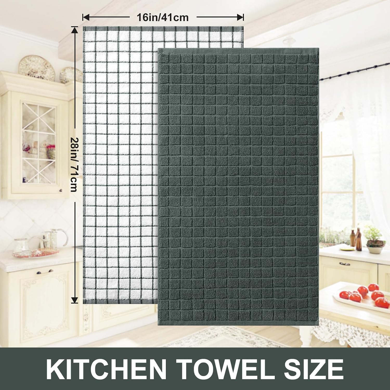 Homaxy Large Premium Cotton Kitchen Towels 16"x 28", 12 Pack, Dark Green | Natural Ring Spun 390 GSM Dish Towels, Super