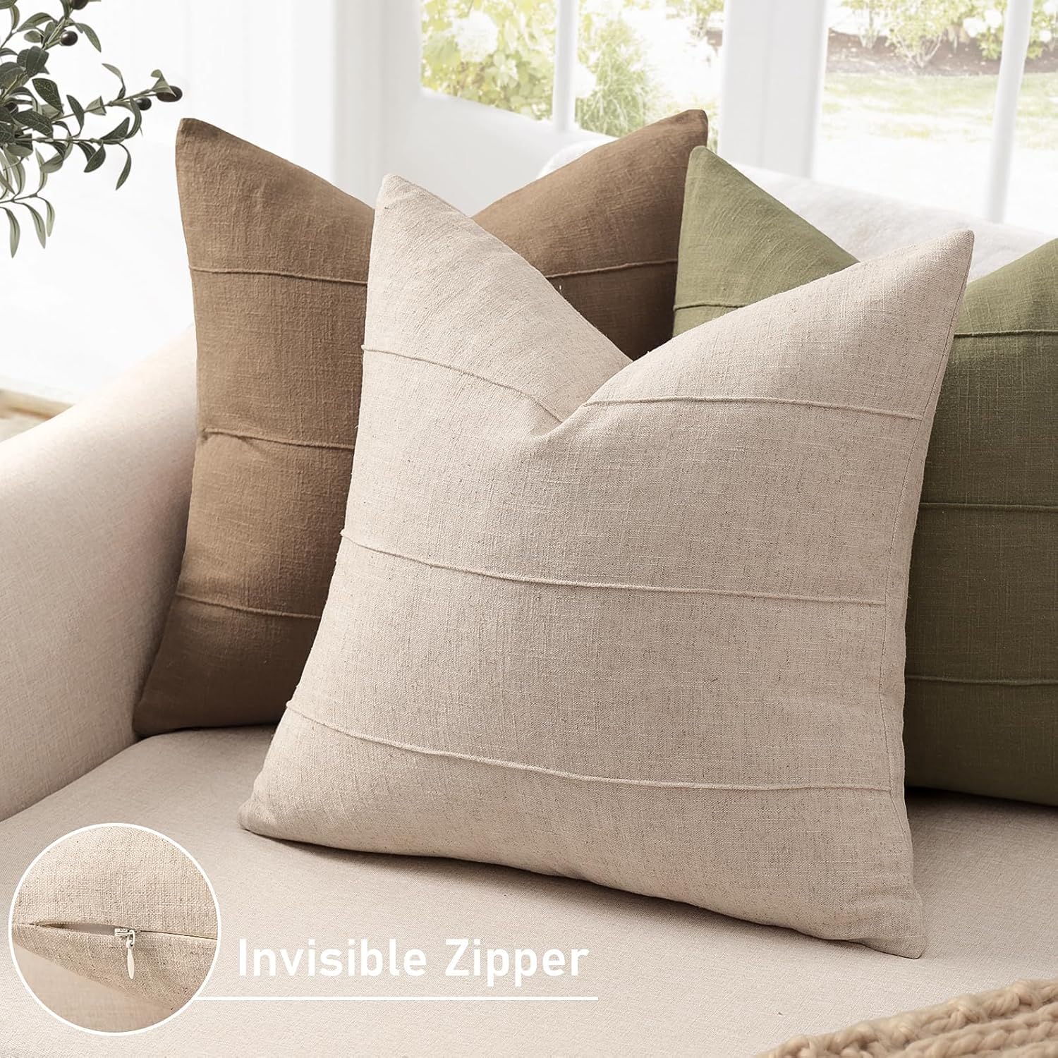 Decorative Linen Throw Pillow Covers Solid handcrafted Striped / Natural Beige / 18 x 18 / Set of 2
