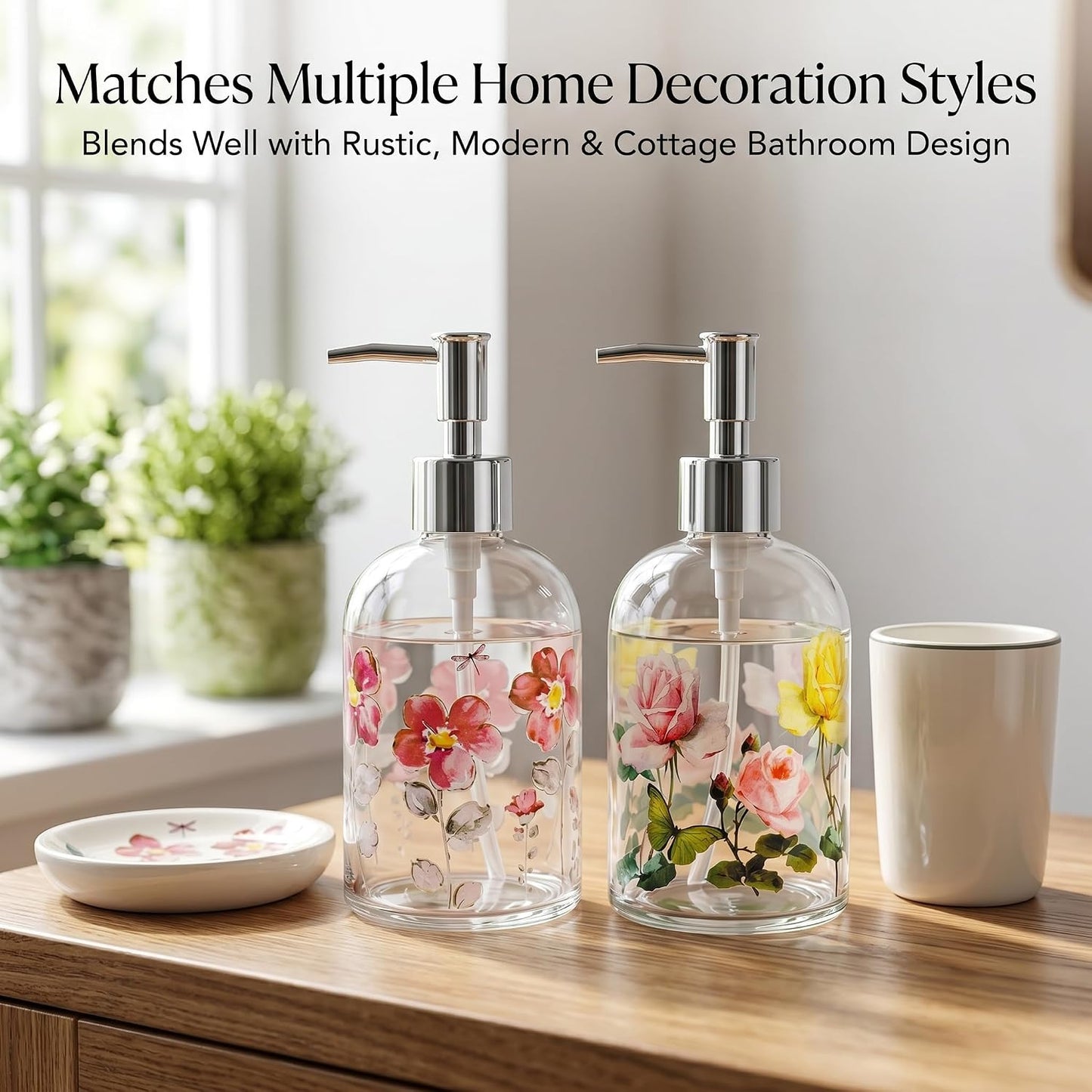 Topadorn 2 Pack Hand and Dish Soap Dispenser Set, Coordinated Floral | 17oz Glass Soap Dispensers with Pump, Refillable