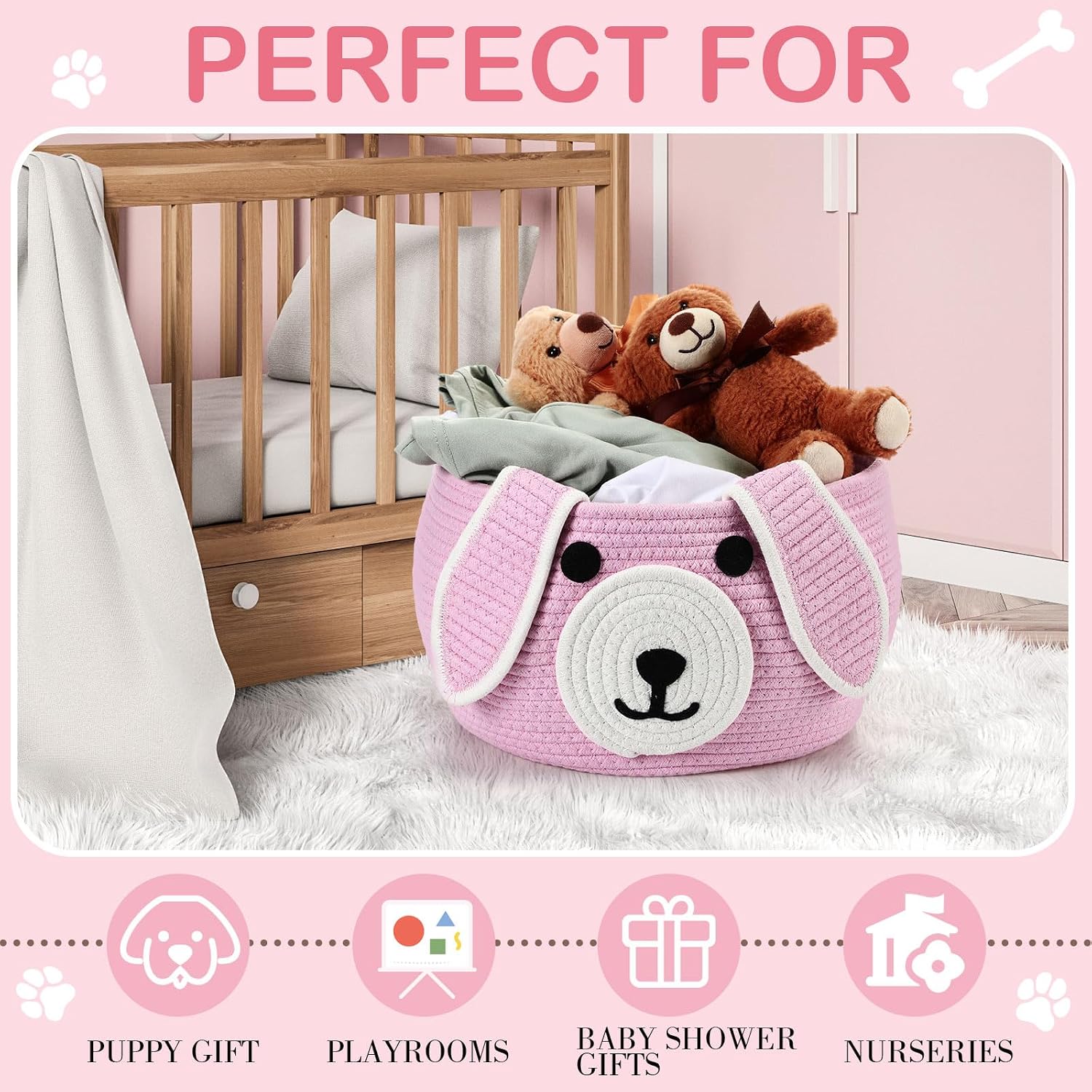 Dog Woven Basket Woven Cotton Rope Puppy Animal Storage Basket for Laundry Toy Gift / Pink / 13 x 8