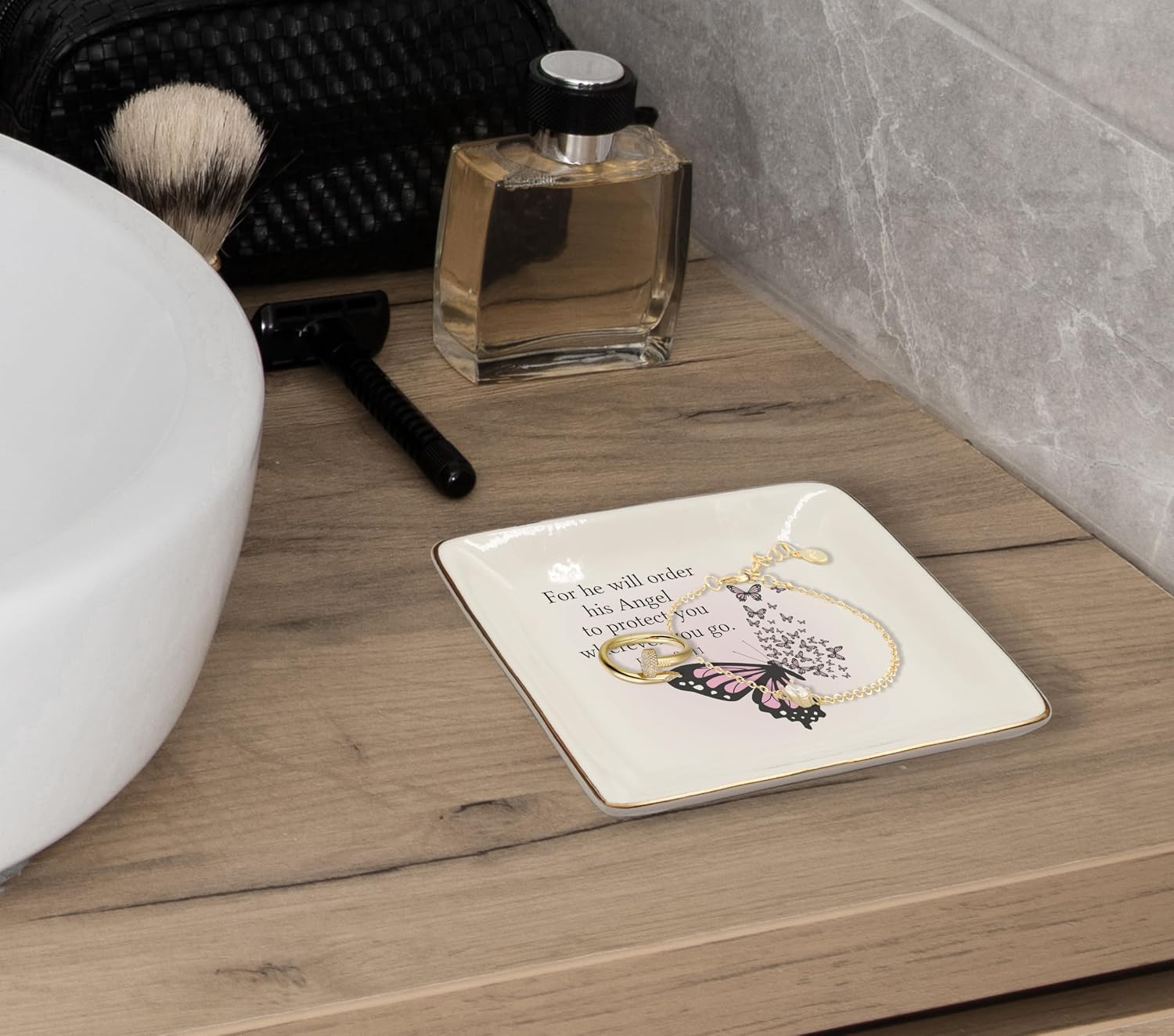 Christian Ceramic Jewelry Tray Dish / Butterfly / Pink