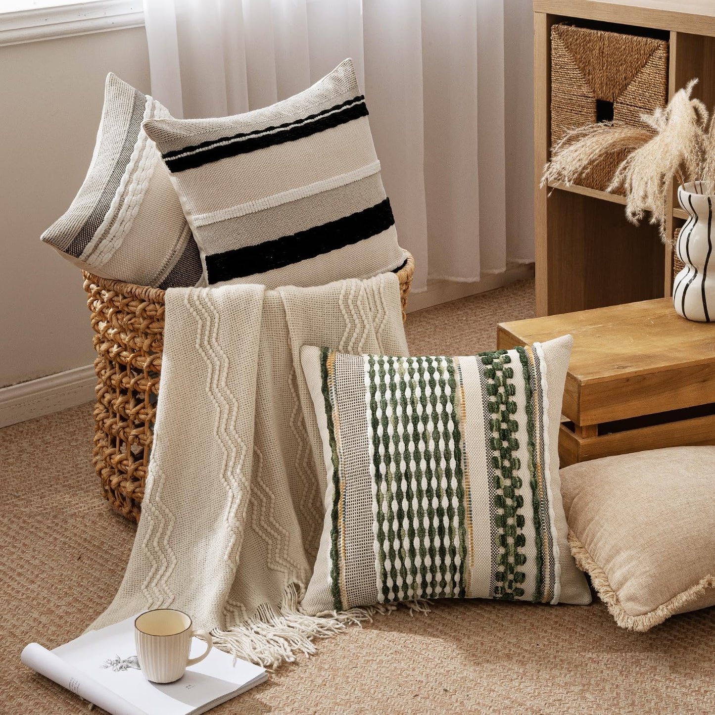 Boho Decorative Throw Pillow Covers Farmhouse Cushion Case / Olive Green Stripe / 18 x 18 / Set of 2