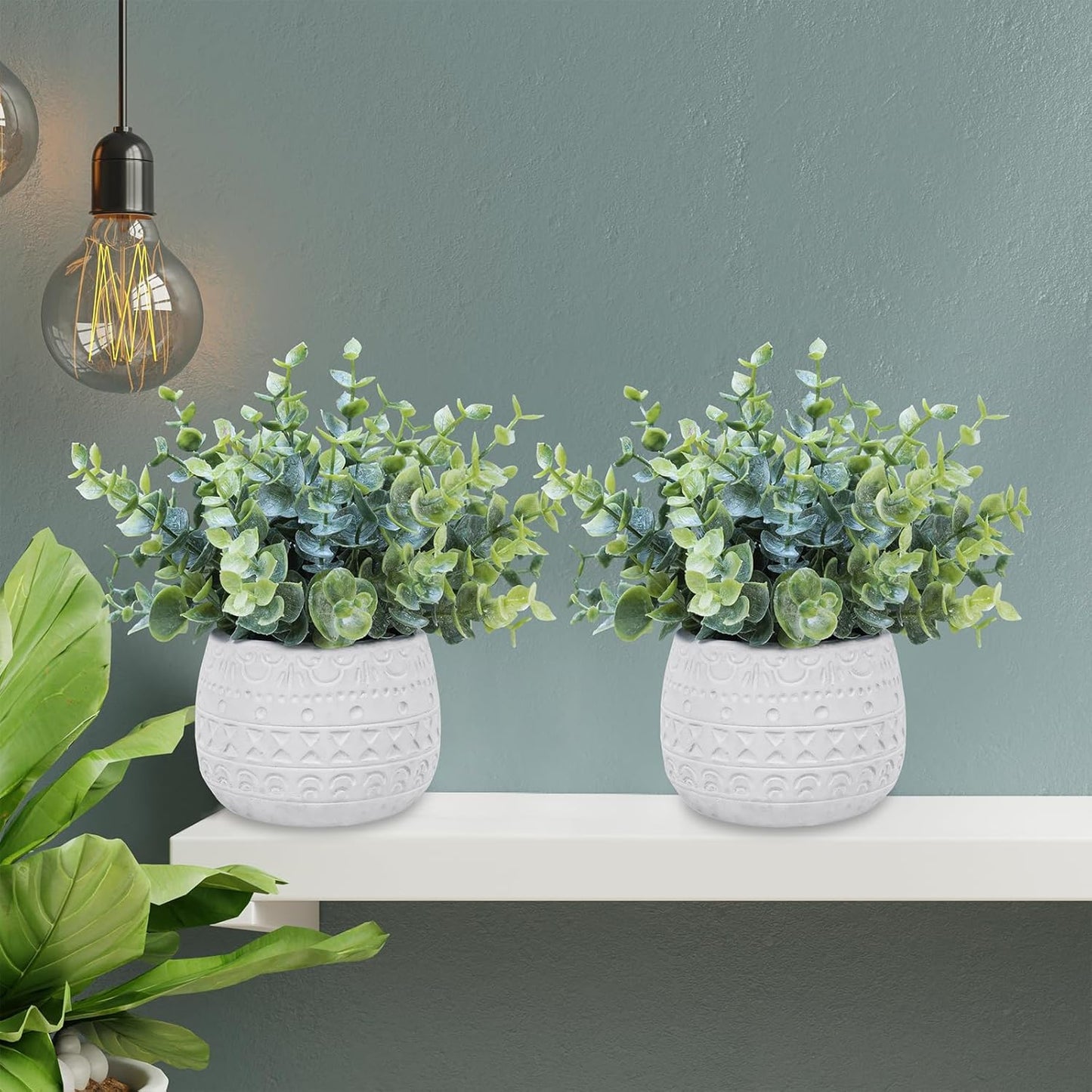 Small Artificial Potted Plants Faux Eucalyptus Plant in White Geometric / White Pot / Set of 2