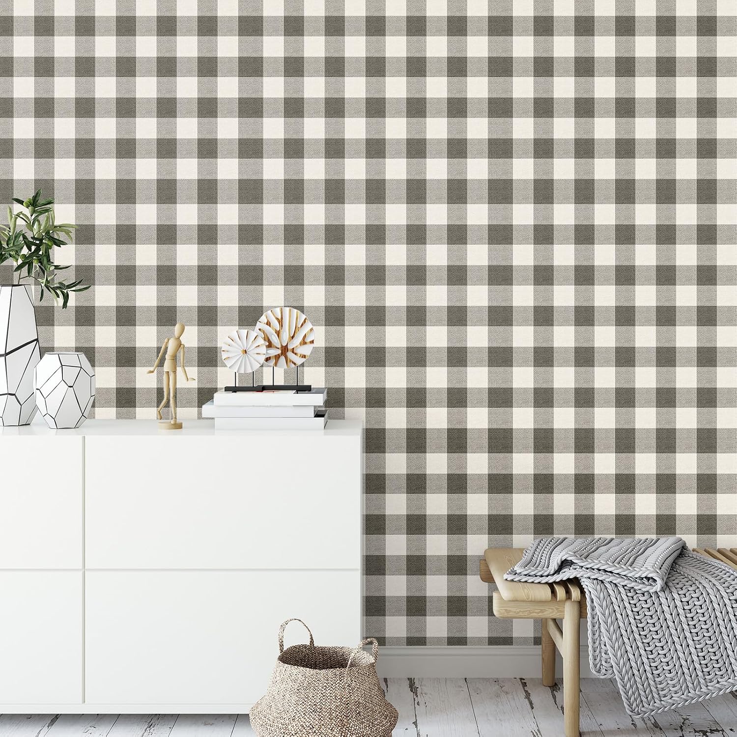 Plaid Textured Peel Stick Wallpaper " Boho Checkered Gingham Contact Waterproof / Black / 15.8 x 118