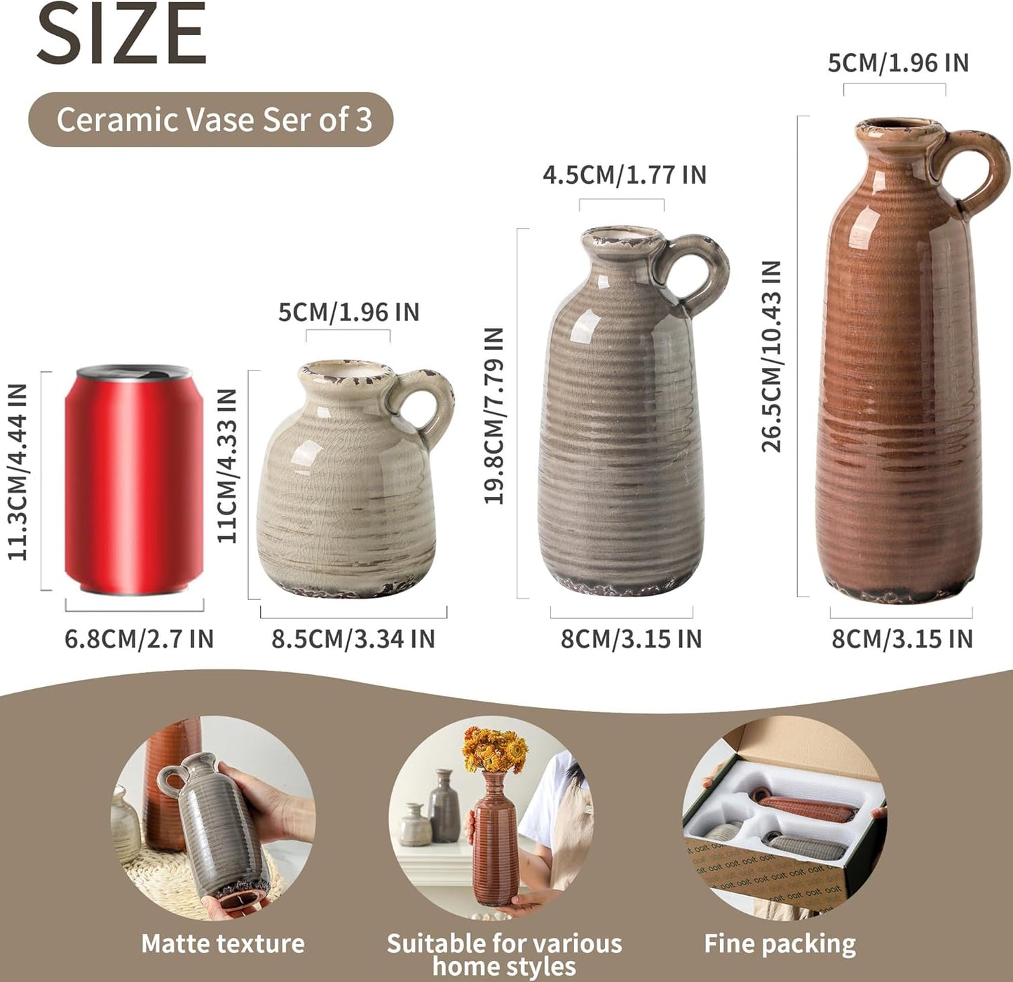 Ceramic Vases / Neutral Rustic Farmhouse Vase / 010 Vase Set with Handle - Brown / Set of 3