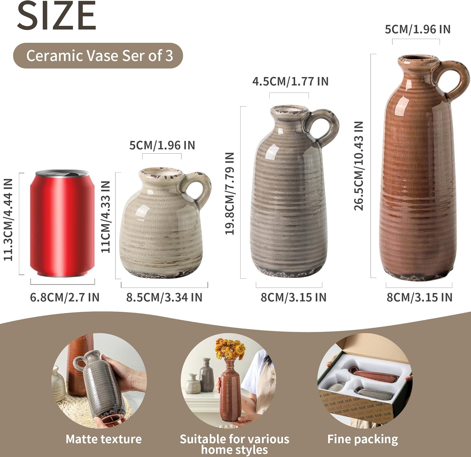 Ceramic Vases / Neutral Rustic Farmhouse Vase / 010 Vase Set with Handle - Brown / Set of 3