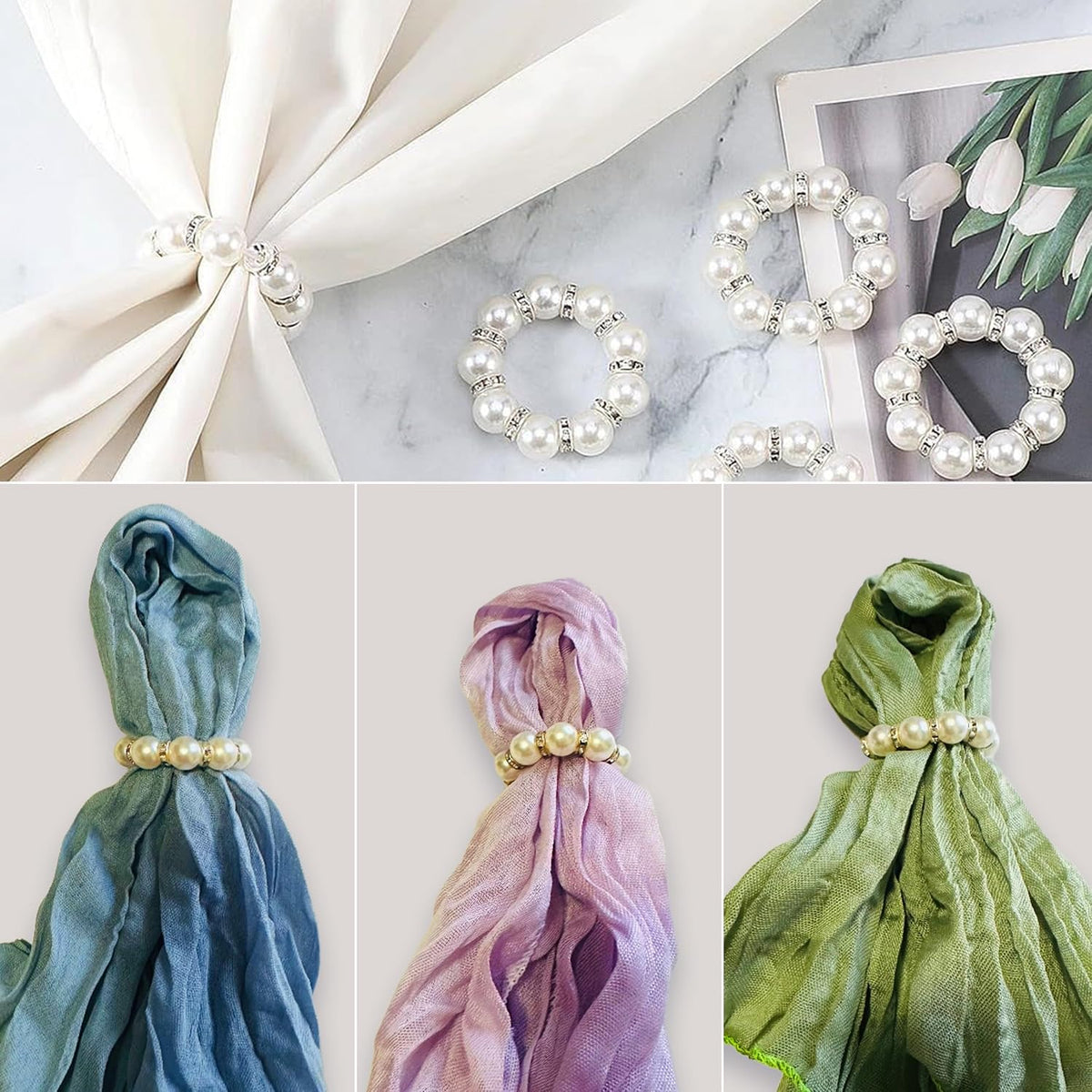 100 Pcs Silver Disposable Napkin Rings Imitation Pearl Ring Napkin Holder Delicate White Beaded Serviette Buckles for