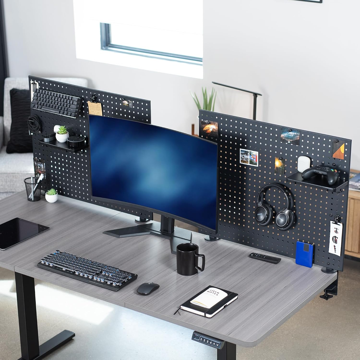 VIVO Black Clamp-on 60 x 24 inch Desk Pegboard, PP-DK30B-2 | Steel Privacy Panel, Magnetic Peg Board, Office Accessory