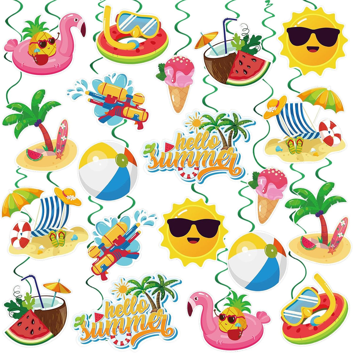 40Pcs Summer Hanging Swirls, Hello Summer Pool Beach Hanging Swirls Summer Hanging Decorations Streamers Foil Ceiling Swirls for Summer Hawaiian Luau Birthday Party Baby Shower Decor