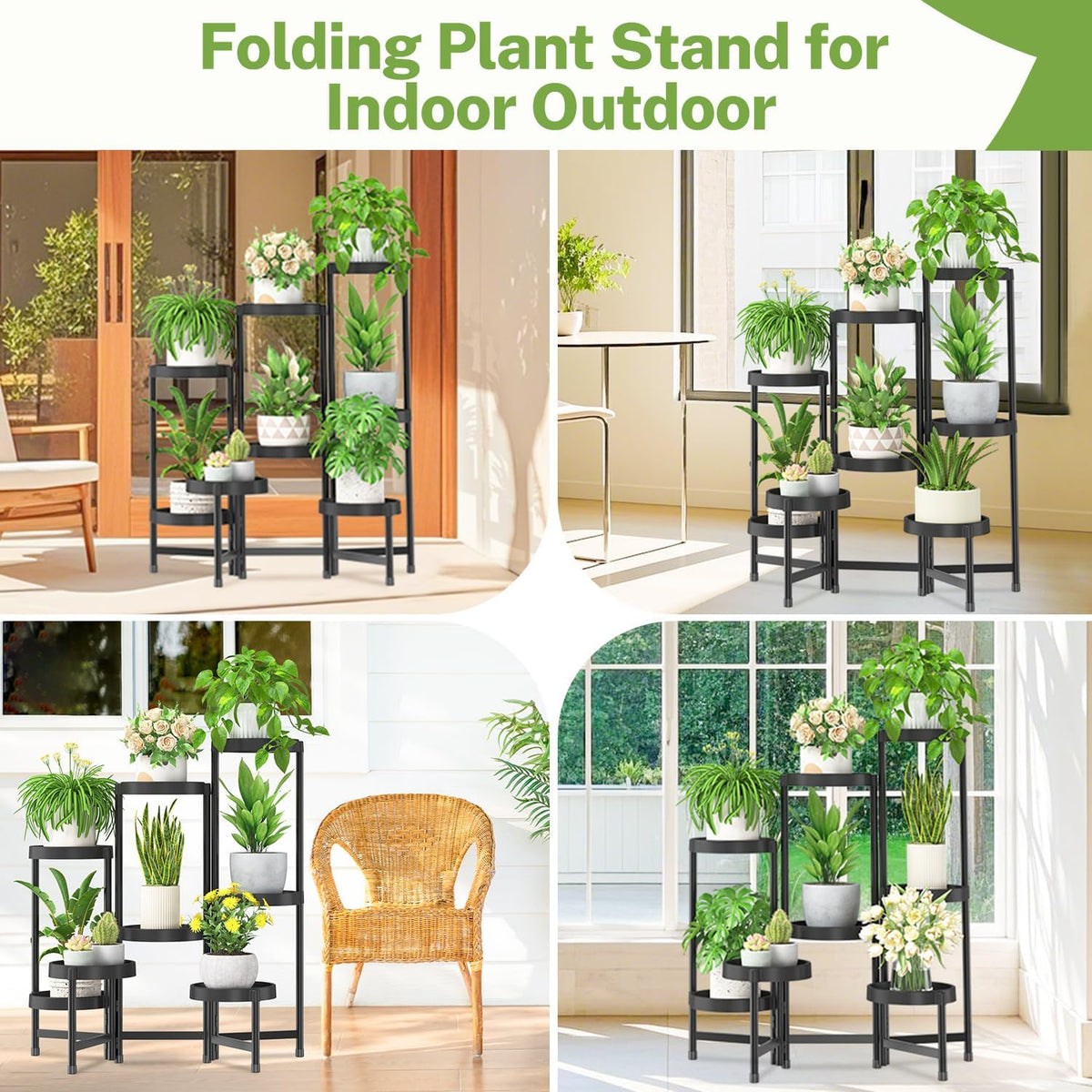 iDavosic.ly 8 Tier Folding Plant Stand Indoor Outdoor, Plastic Tray, Black | Space Saving Tiered Corner Storage Display