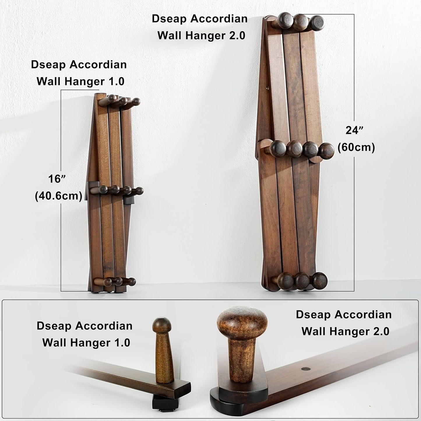 Expandable Coat Rack (Larger Version) - 24” High, Anti-Slip, Ultra Heavy Duty Wooden Accordian Wall Hanger with 10