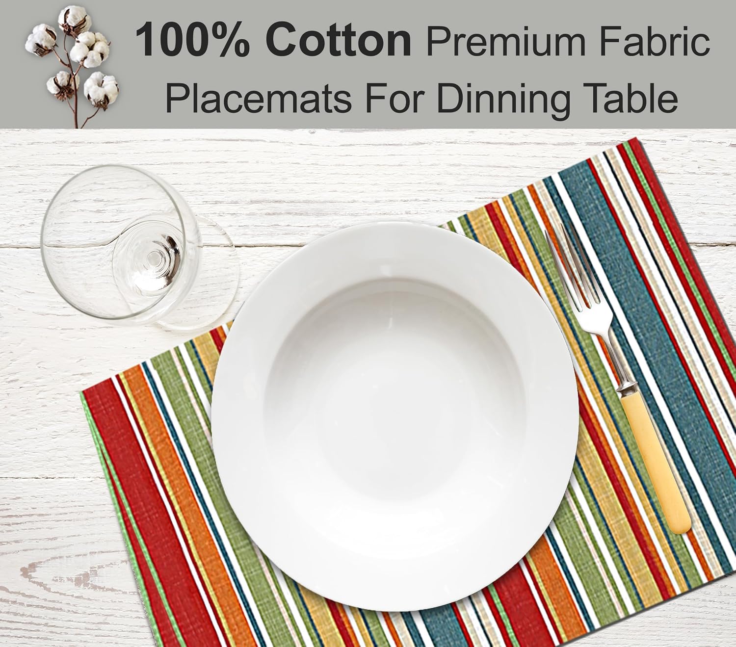 Ruvanti Placemats Set of 6, 100% Cotton Place Mats of 13"x19", Multi Stripe | Heat, Stain resistant, Washable