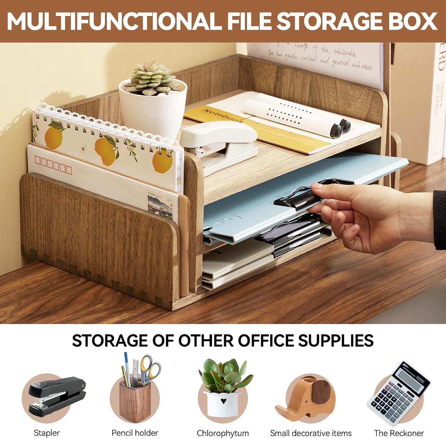 KIRIGEN Wood Desk Organizer, 5-Tray Letter Tray and Mail Sorter, Brown 2TP | Solid Wood 3-Tier Desktop Organizer with 5