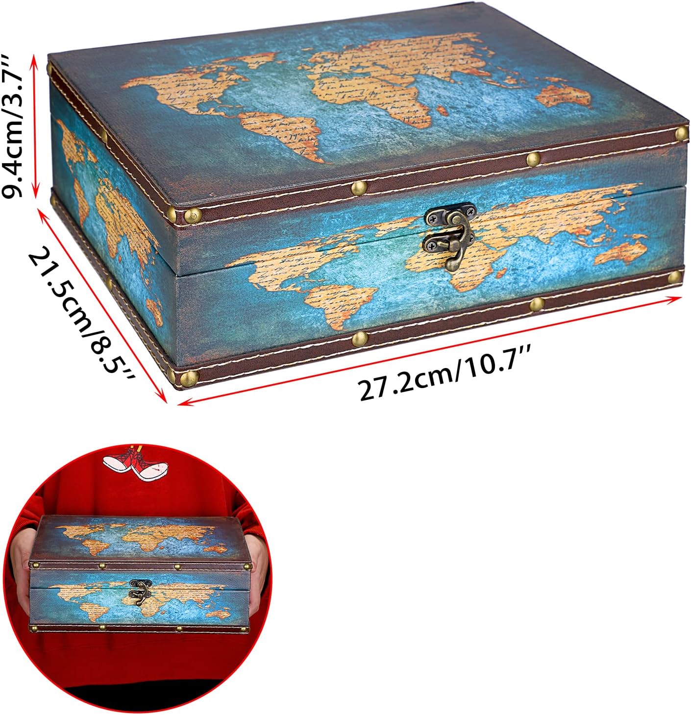 Wooden + PU Leather Storage Box for Jewelry Trinkets Photos / Green Map Pattern