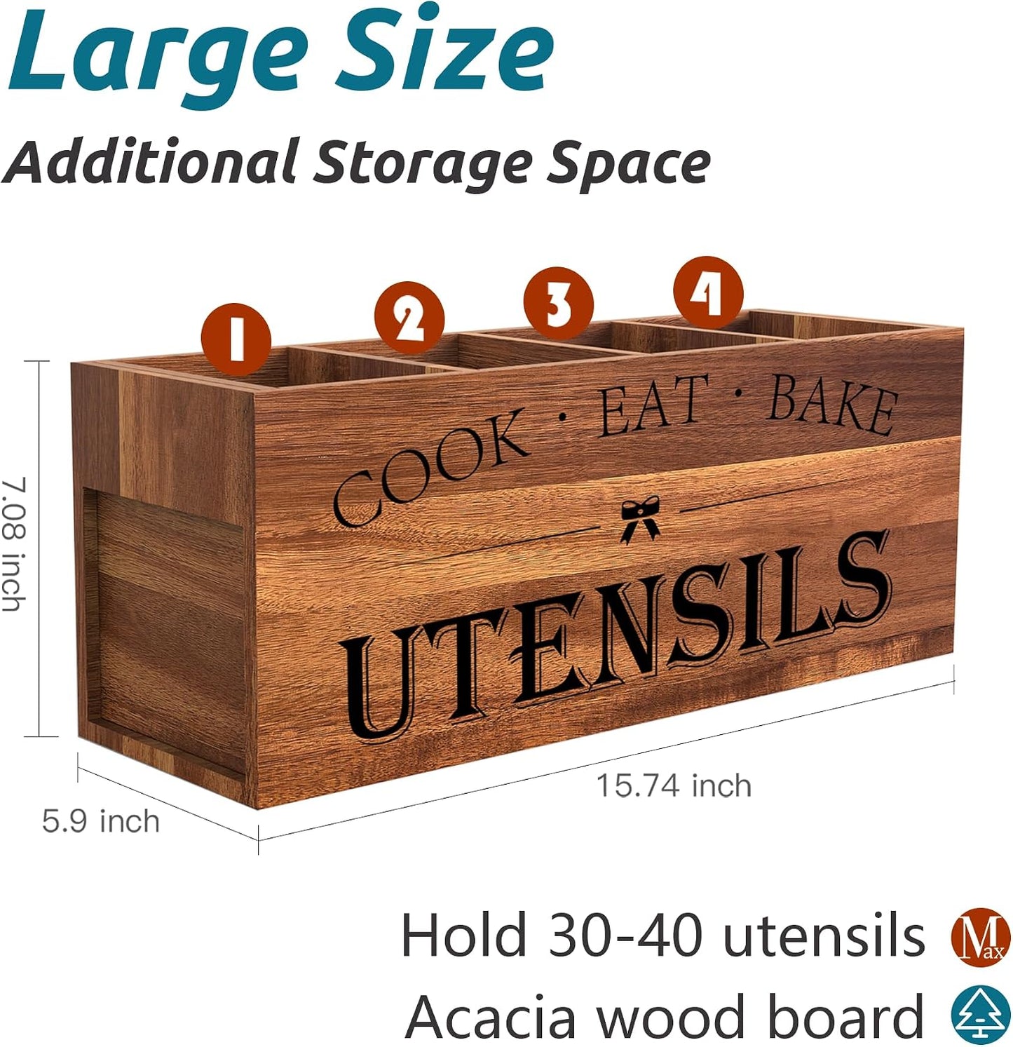 Suli Extra Large Utensil Holder Countertop for Kitchen Counter,Acacia Wood | Hold 40 Utensils,4 Removable Divider,Rutic