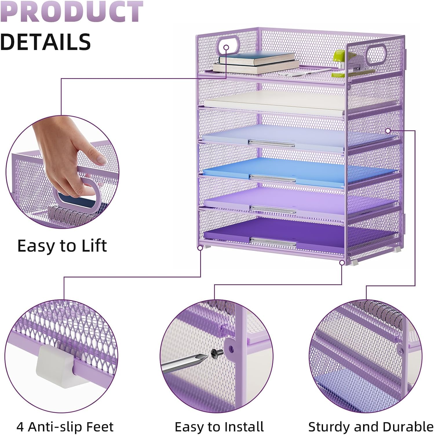 Marbrasse 6 Tier Paper Organizer Letter Tray - Mesh Desk File Organizer with Handle, Paper Sorter for Letter/A4 Office