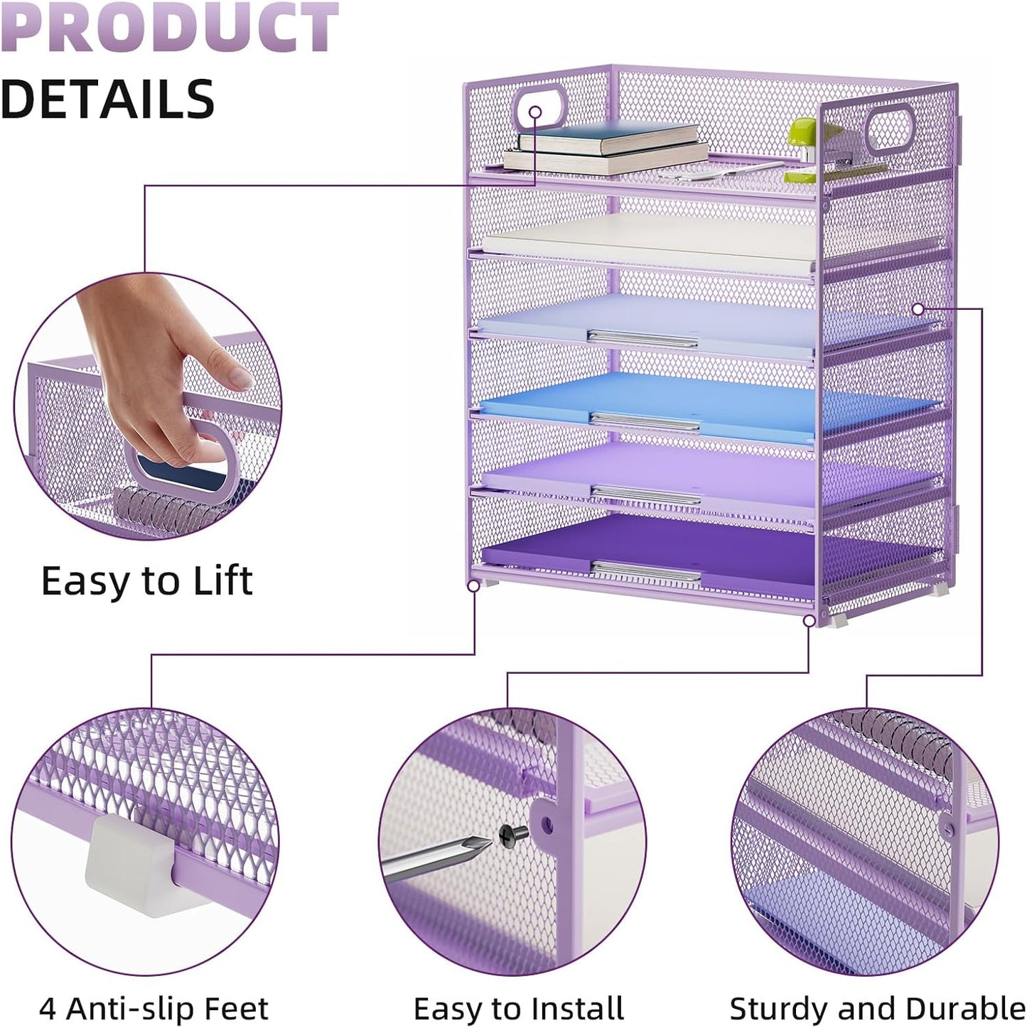 Marbrasse 2 Pack Desk Organizer with Handle, 6 Tier Paper Letter Tray, Mesh Desk File Organizer for Office, School and