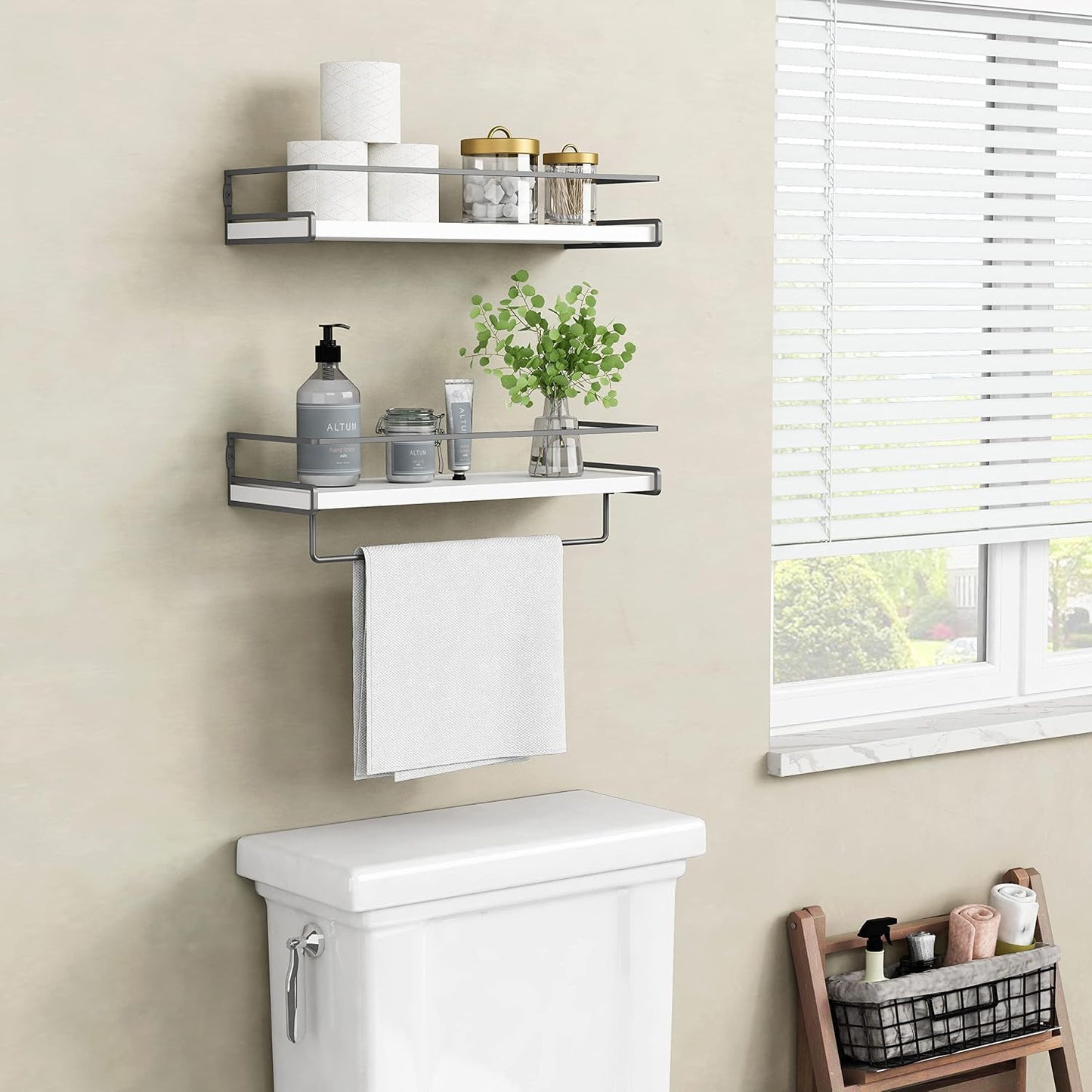 Forbena White Floating Shelves for Bathroom Organizer Over Toilet, Bathroom Shelves Wall Mounted with Towel Rack