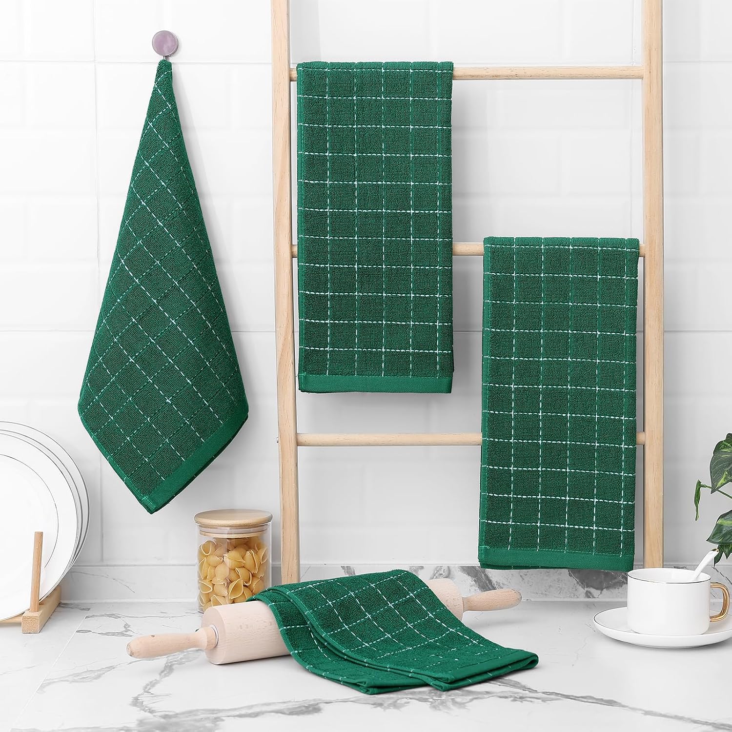 Homaxy 100% Cotton Terry Kitchen Towels, 8 Pack, Dark Green | Ultra Soft and Absorbent Dish Towels for Kitchen