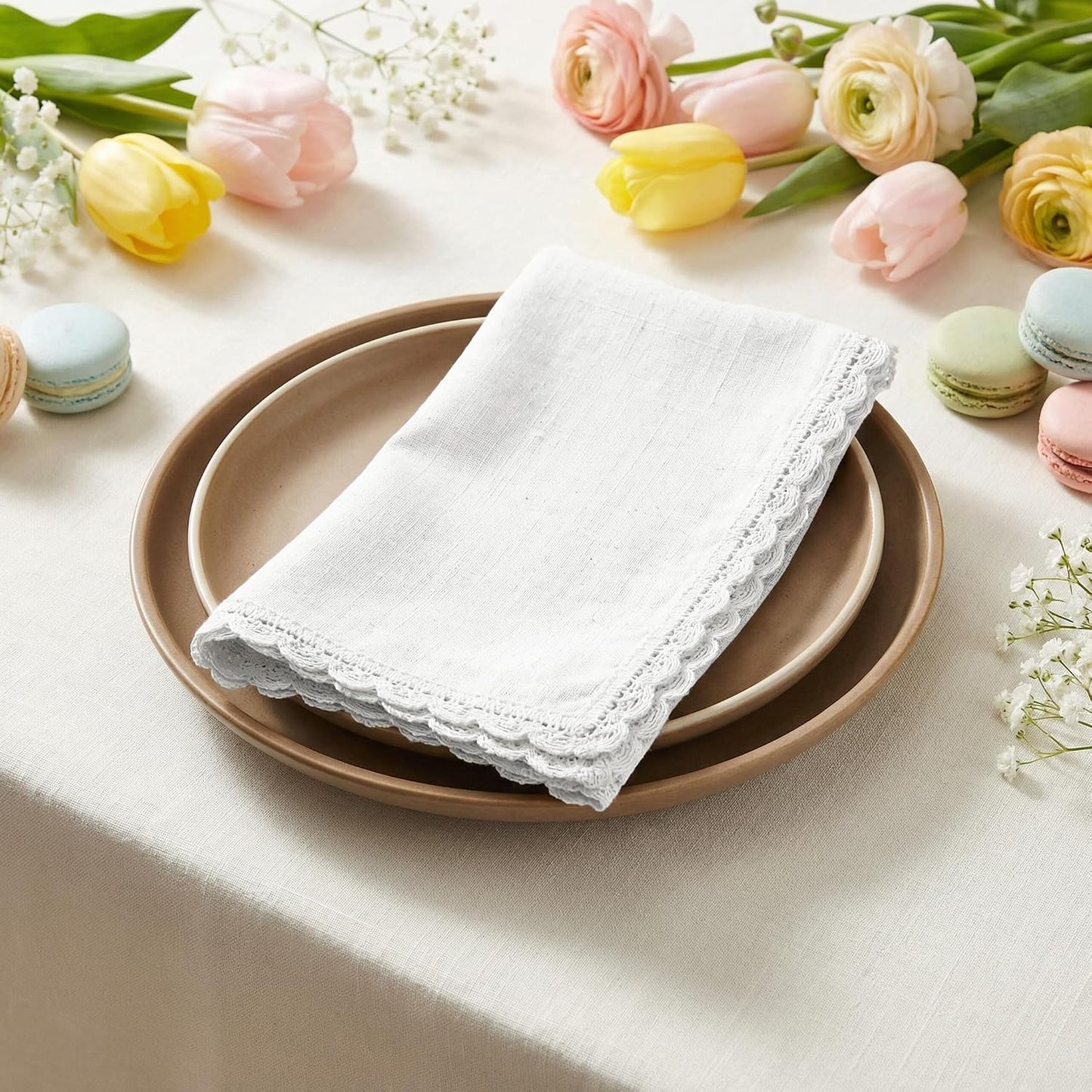 Set of 12 Flax Lace Cloth Napkins 20x20 Inch - White | Premium Linen Cotton Reusable Dinner Napkin for Wedding