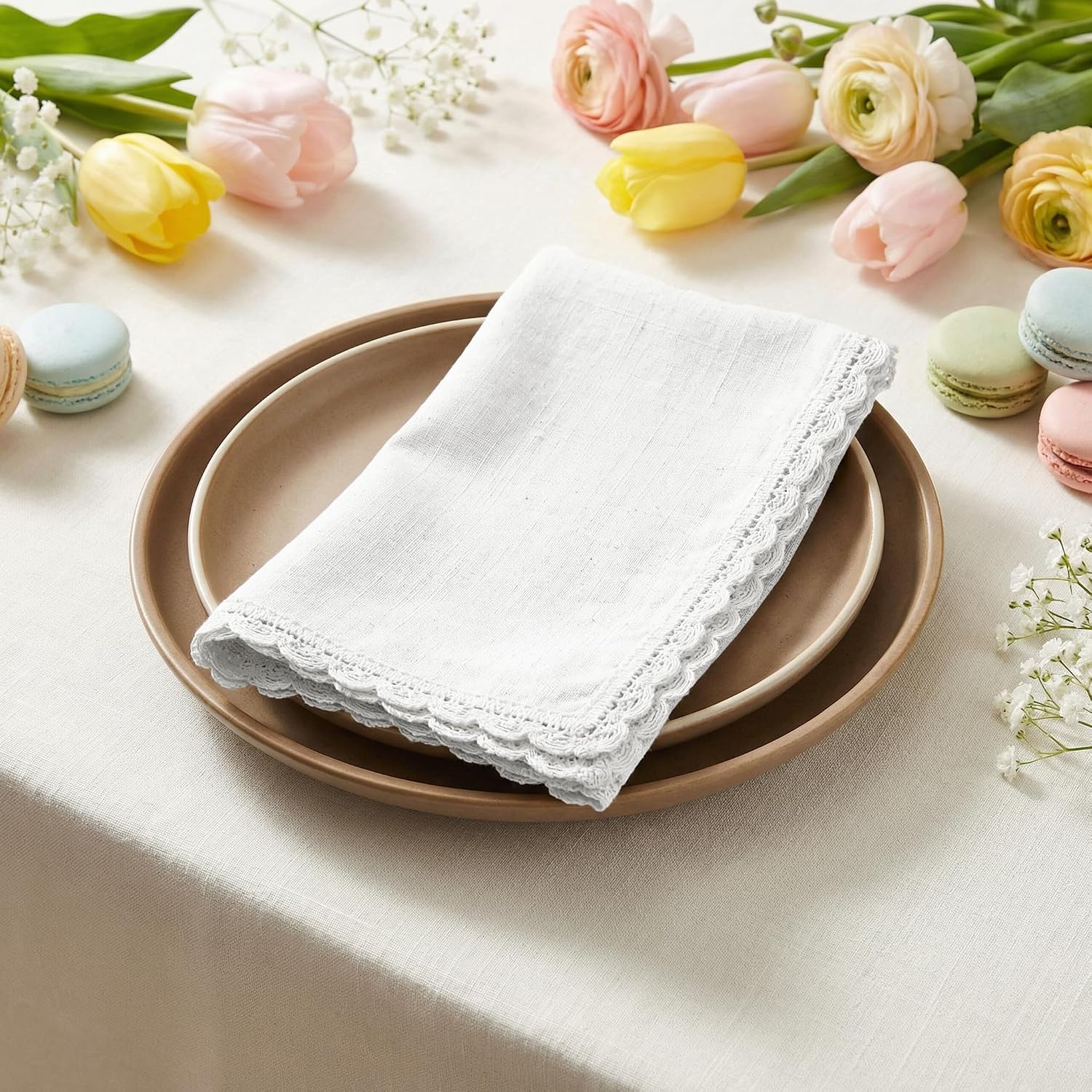 Set of 12 Flax Lace Cloth Napkins 20x20 Inch - White | Premium Linen Cotton Reusable Dinner Napkin for Wedding