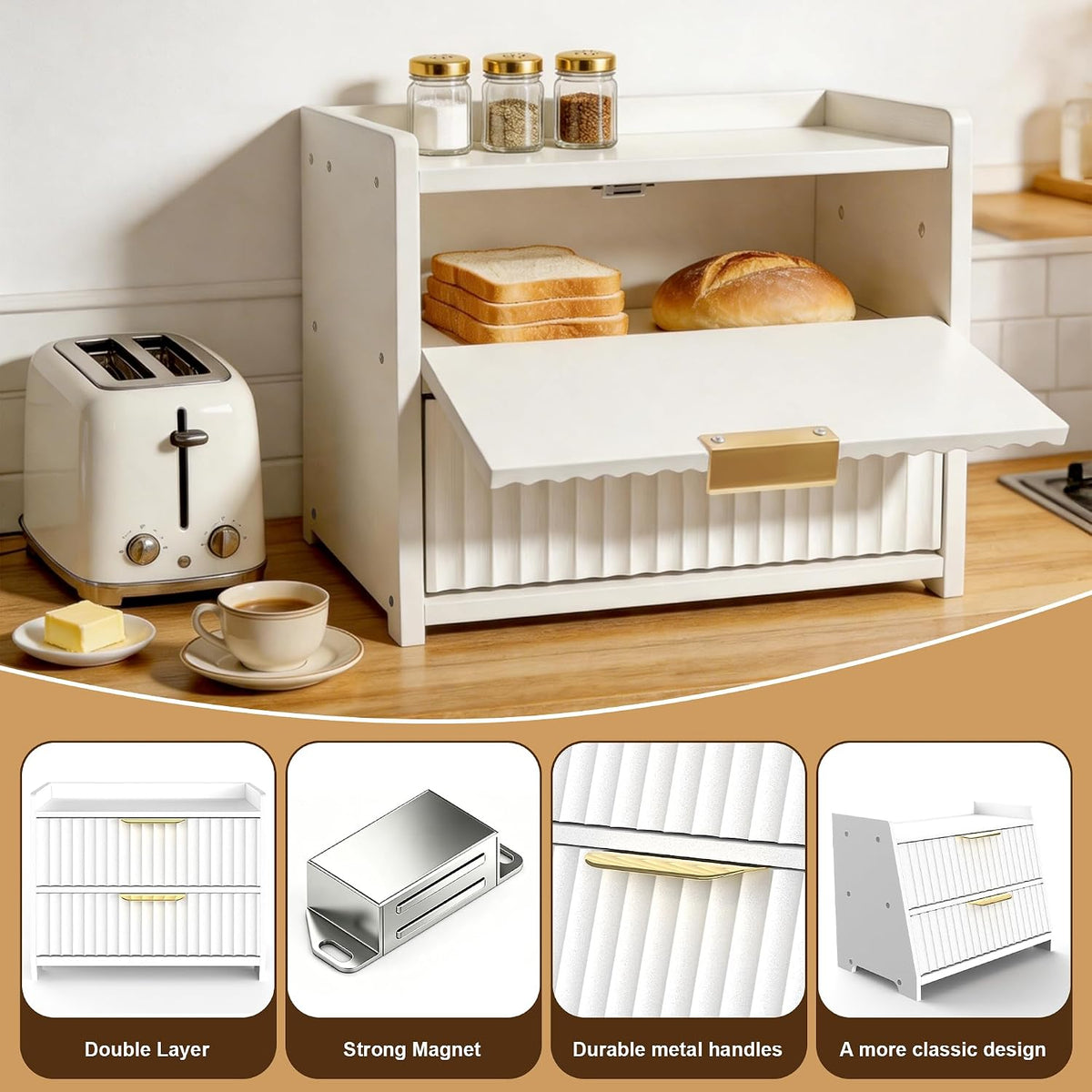 Large Bread Box, White, Double Layer Wooden | Top Shelf, Countertop Organizer Cabinet, For Bread & Coffee Station