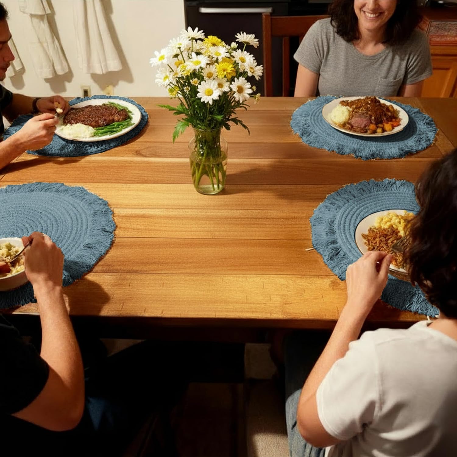 Fine Living Co. 15 Inch Round Placemats Set of 4 with 4-Free Coasters, Washable Heat Resistant Non-Slip Braided Cotton