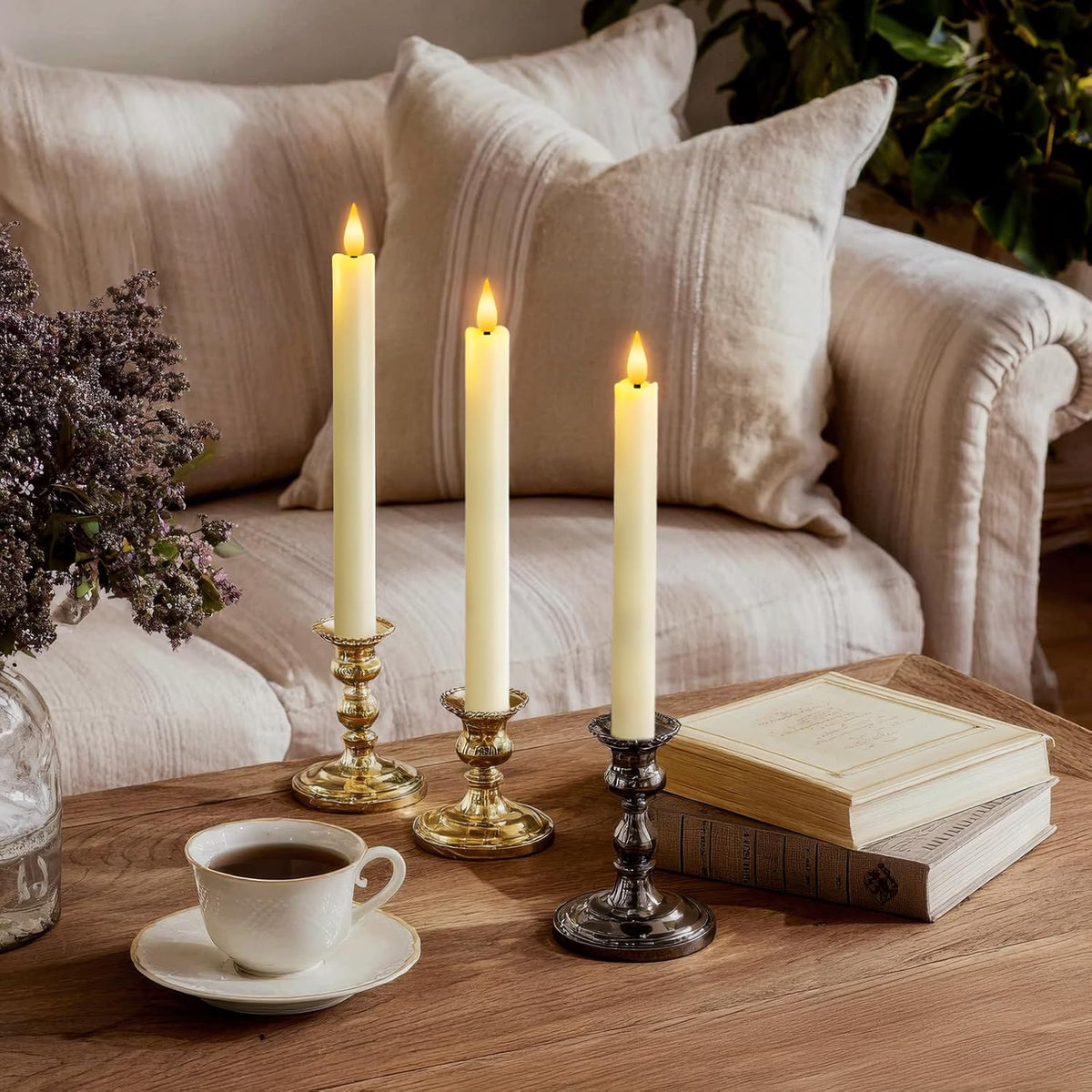 12 Pcs Flameless Taper Candles with Remote Timer Dimmer, 9.6 inches Ivory Plastic LED Candlesticks, Battery Operated