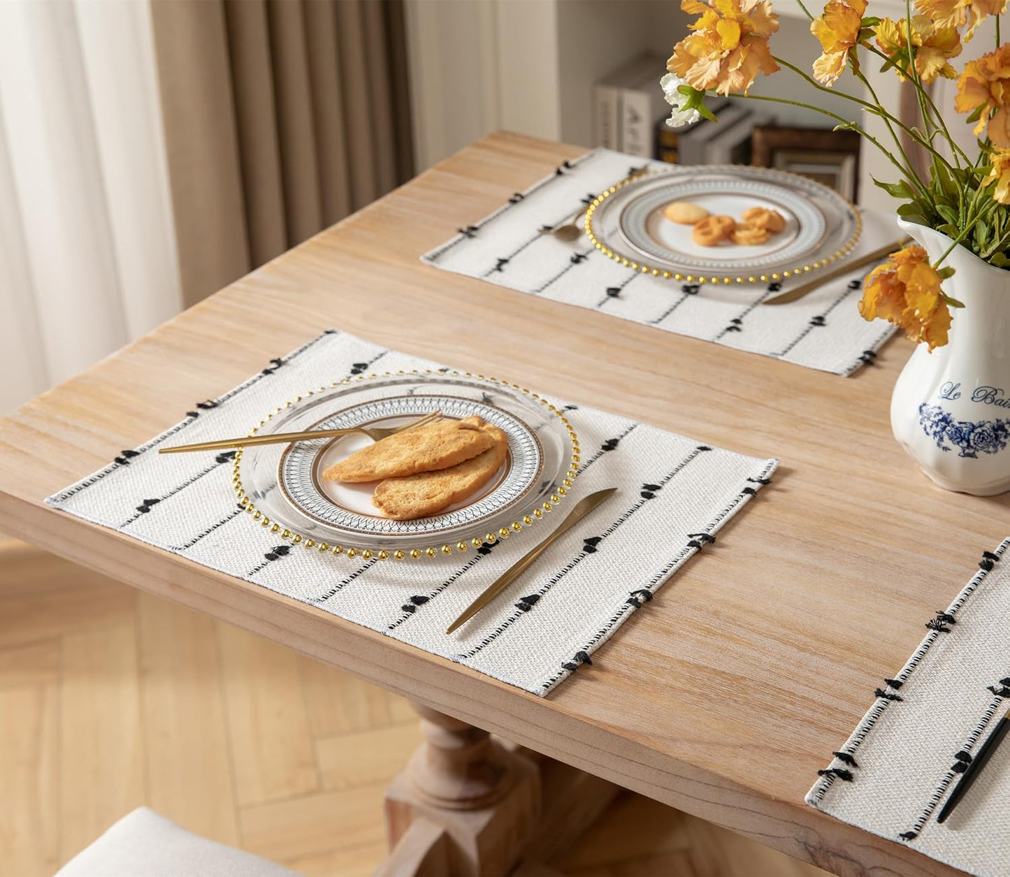 Boho Placemats Set of 6 for Dining Table Decor, Woven Cloth Place Mats for Farmhouse Rustic Kitche Home Decor, Cotton