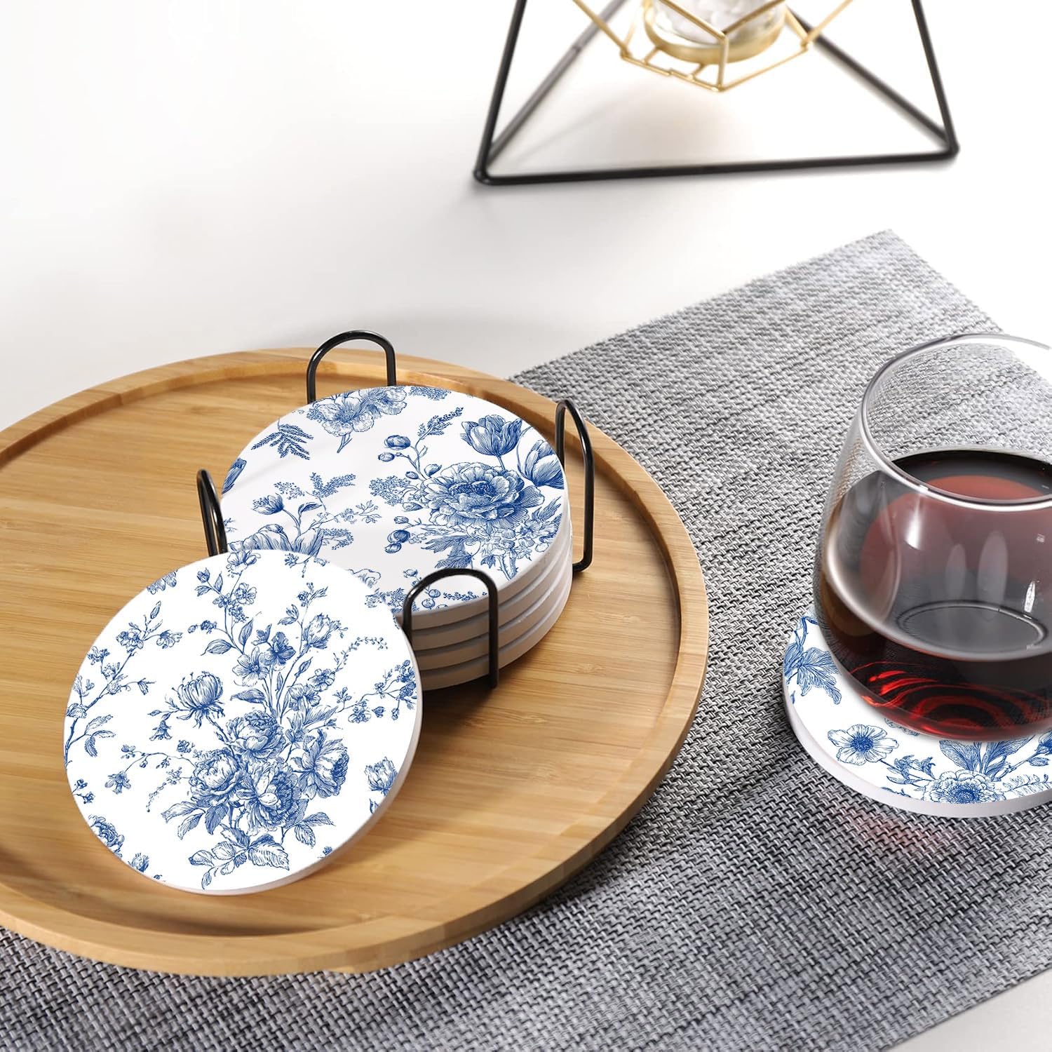 Vintage Flowers Coaster / White Blue Floral / Round / Set of 6