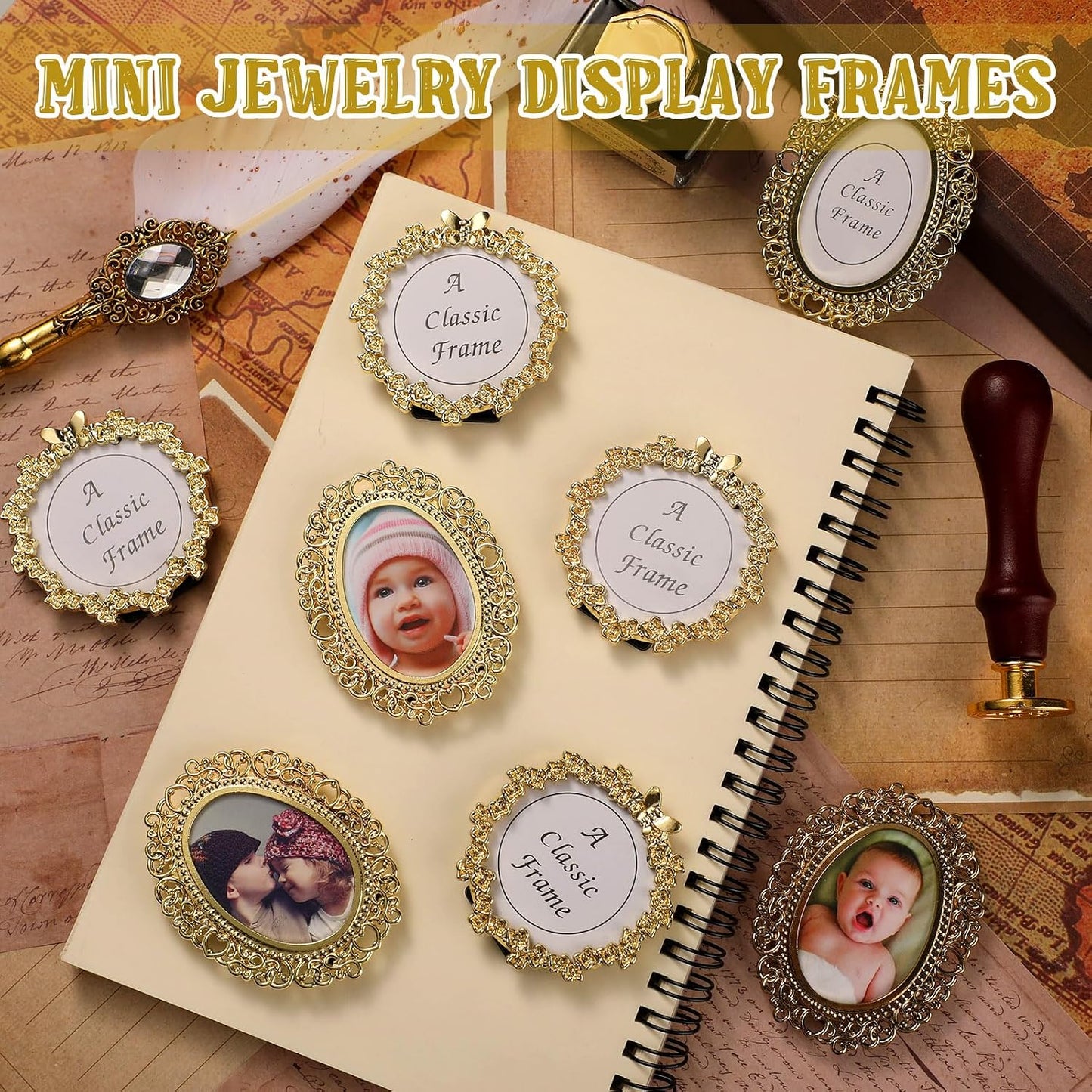 One- Mini Vintage Picture Frame Tiny Metal Picture Frames Antique Mini Photo / Golden / Set of 8