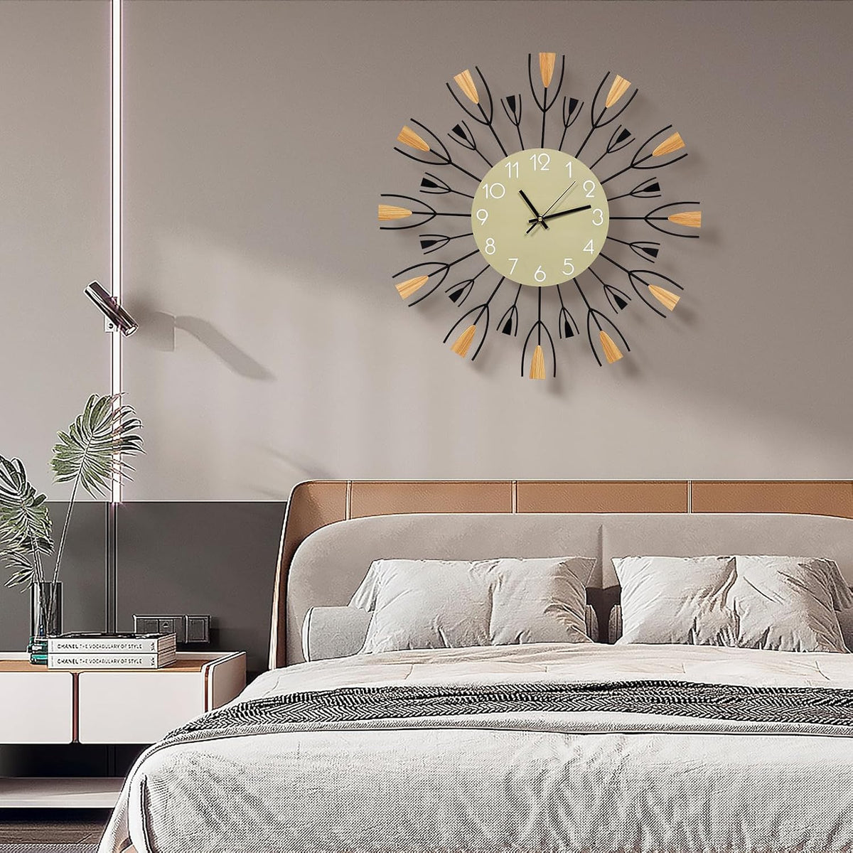 24 Inch Large Modern Mid Century Sunburst Wall Clock | Decorative Silent Non-Ticking Battery Operated Metal Analog