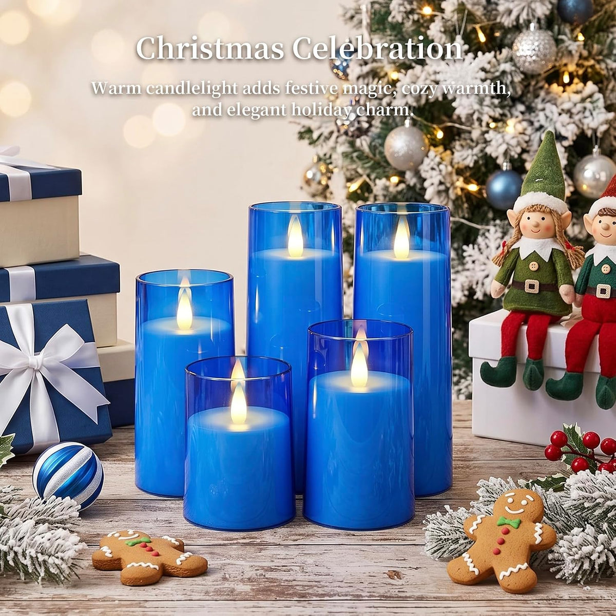 Homemory Realistic Flickering Flameless Blue Candles with Remote & Timer | LED Fake Electric Pillar Candles Battery