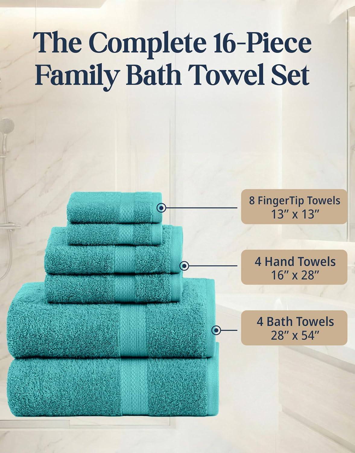 LANE LINEN Towel Set 16 Piece Soft Absorbent Quick Dry 100% Cotton - Teal | Dorm Towel Set - Terry Weave Comfort, Soft