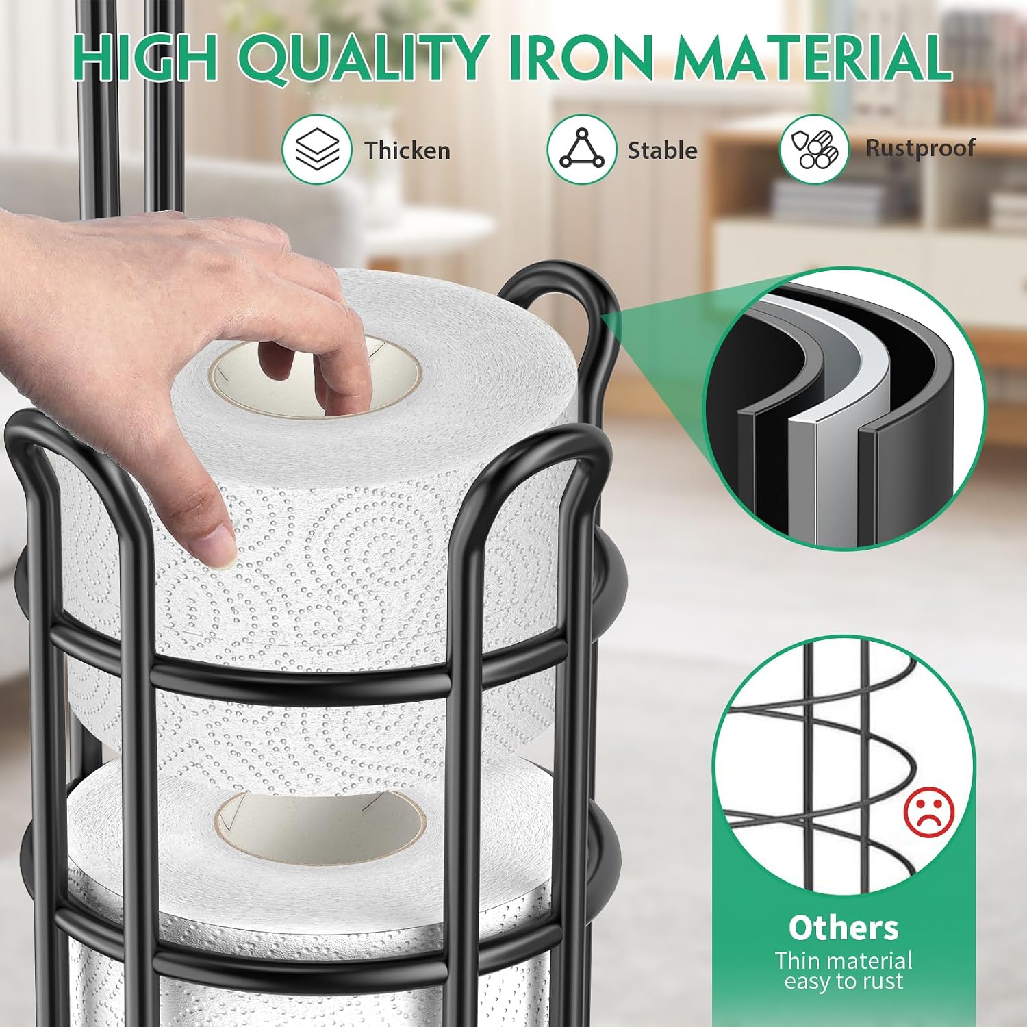 TomCare Toilet Paper Holder Free Standing with Shelf, Stable 4 Raised Feet | Stores 4 Mega Rolls, Tool-Free Assembly