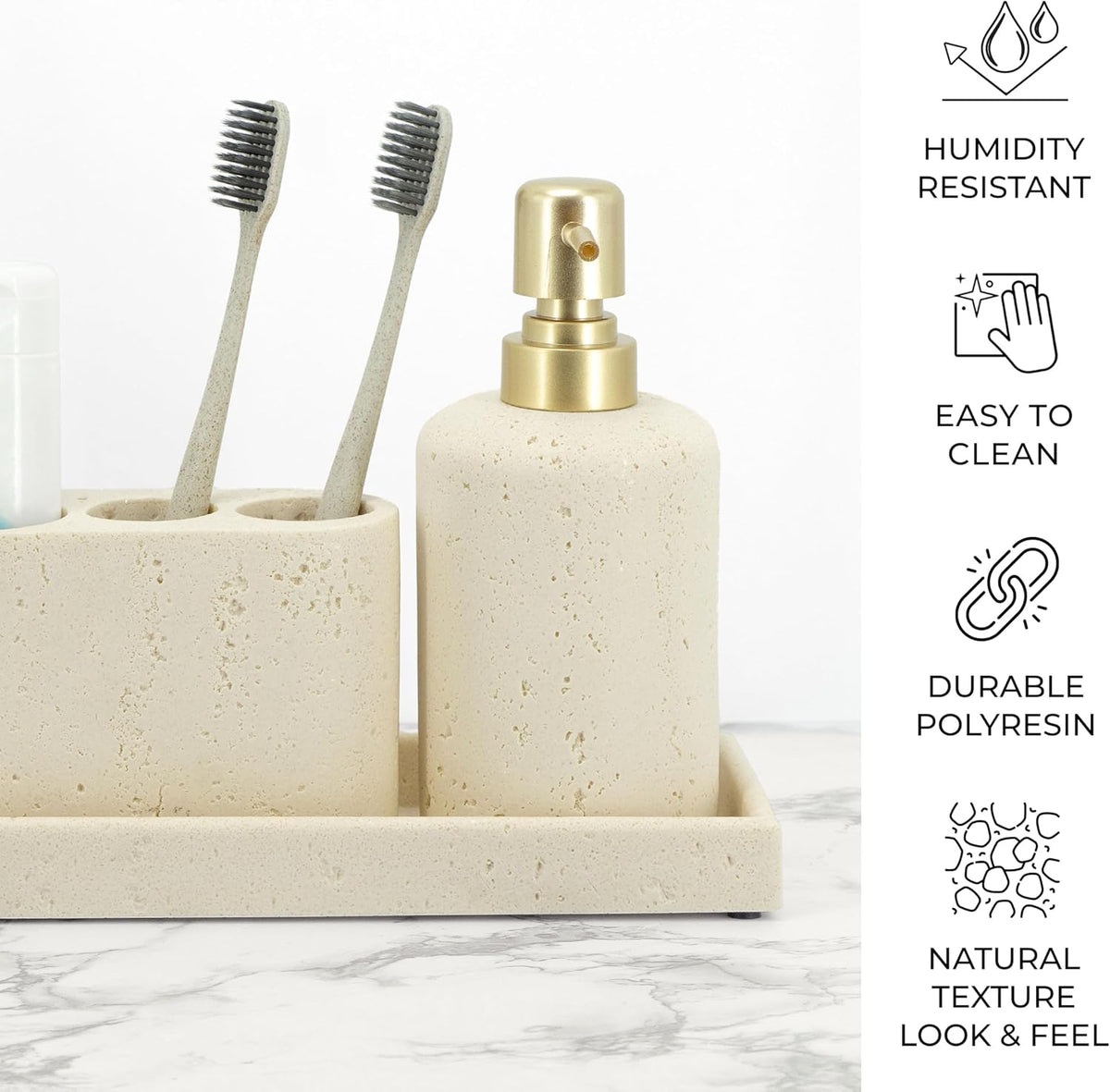 Beige Bathroom Accessories Set 4 Pcs - Toothbrush Holder, Soap Dispenser, Vanity Tray, Bathroom Tumbler - Countertop