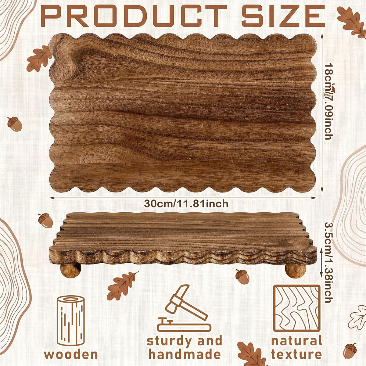 Yookeer Scalloped Wood Riser, Brown, 12'' X 7'' X 1.4'', Square | Wooden Pedestal Tray For Bathroom Kitchen Counter