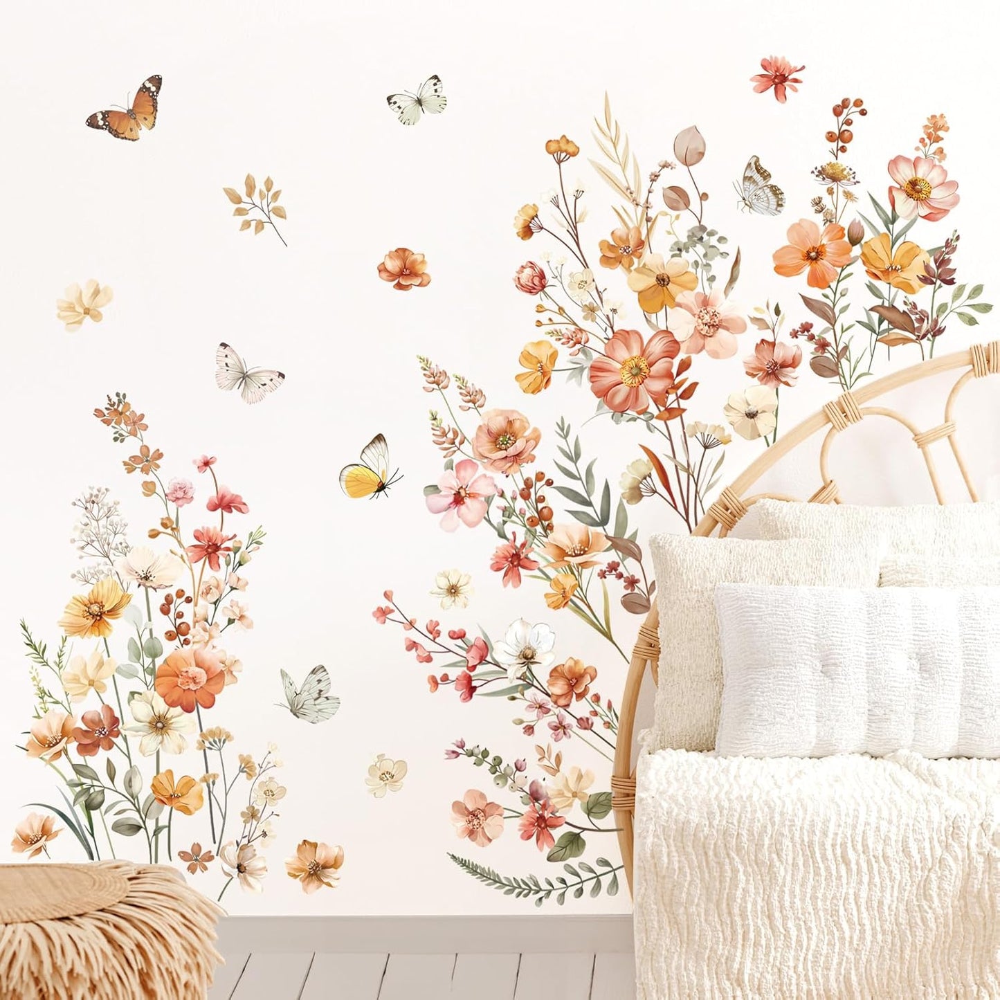Boho Flower Wall Decals Garden Floral Butterflies Wall Stickers Girls Bedroom Living / Wildflower
