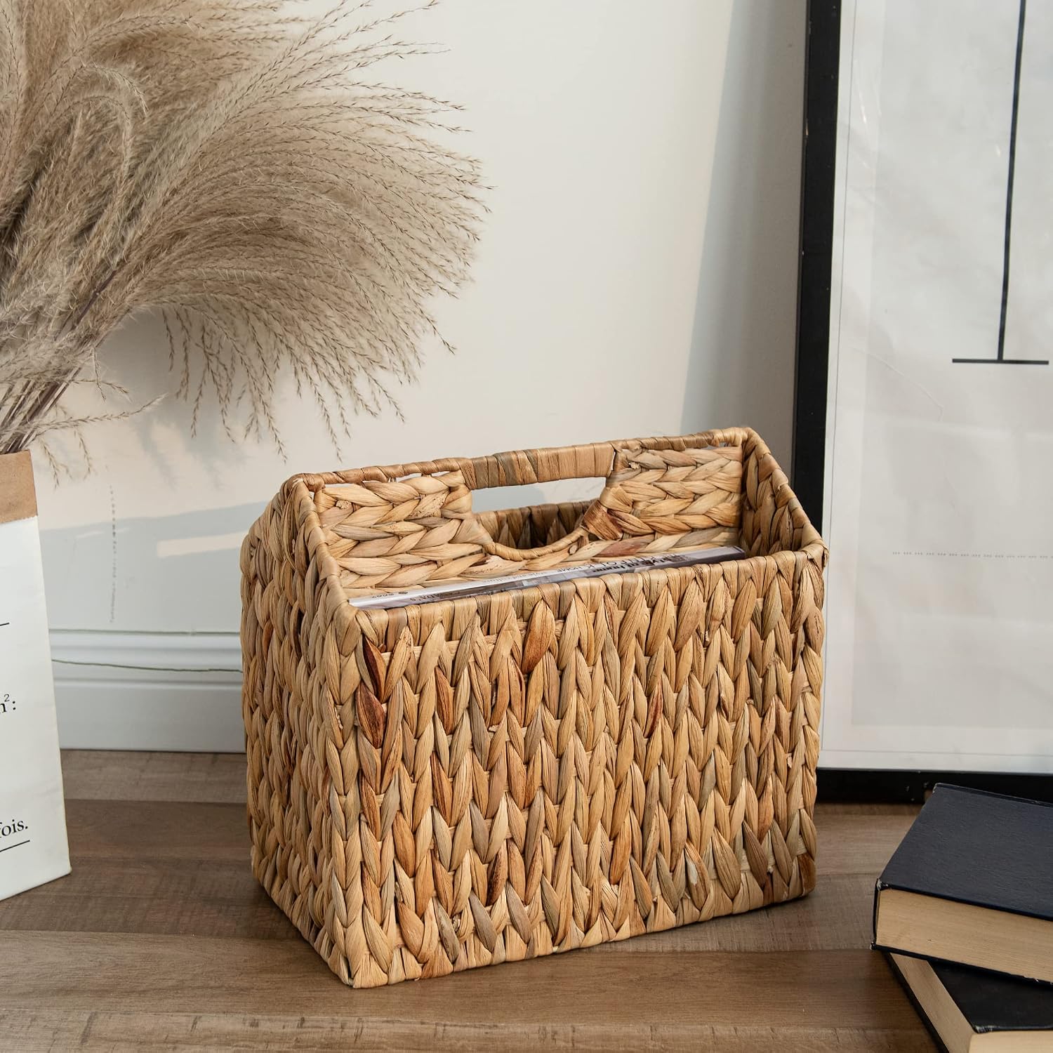 StorageWorks Hand-Woven Divided Magazine Basket, Rattan Magazine Holder, Natural Wicker Magazine Rack for Bathroom