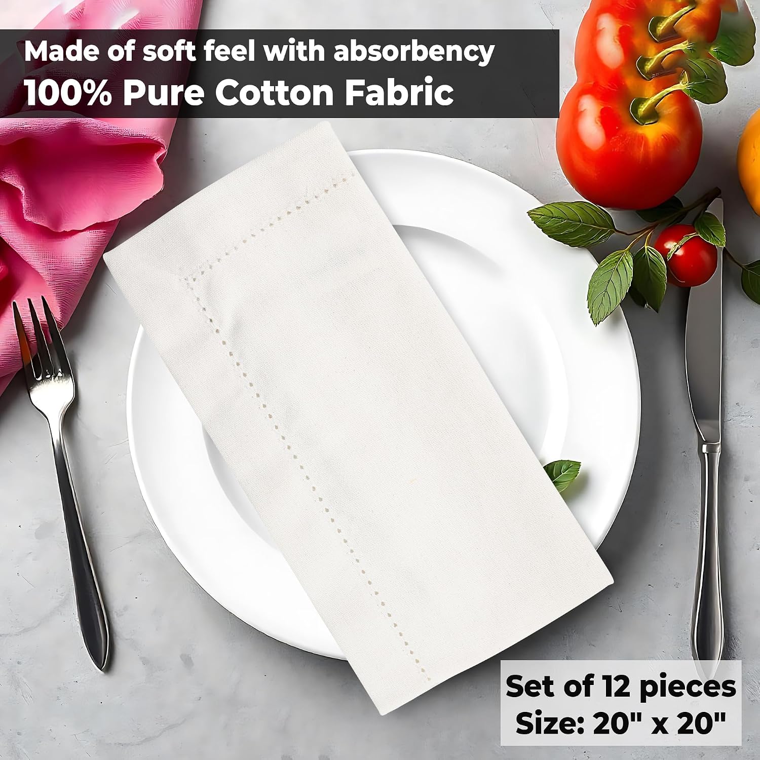 Urban Villa Hemstitch Cloth Dinner Napkins Cotton 20”x20” (Set of 6)- Ivory