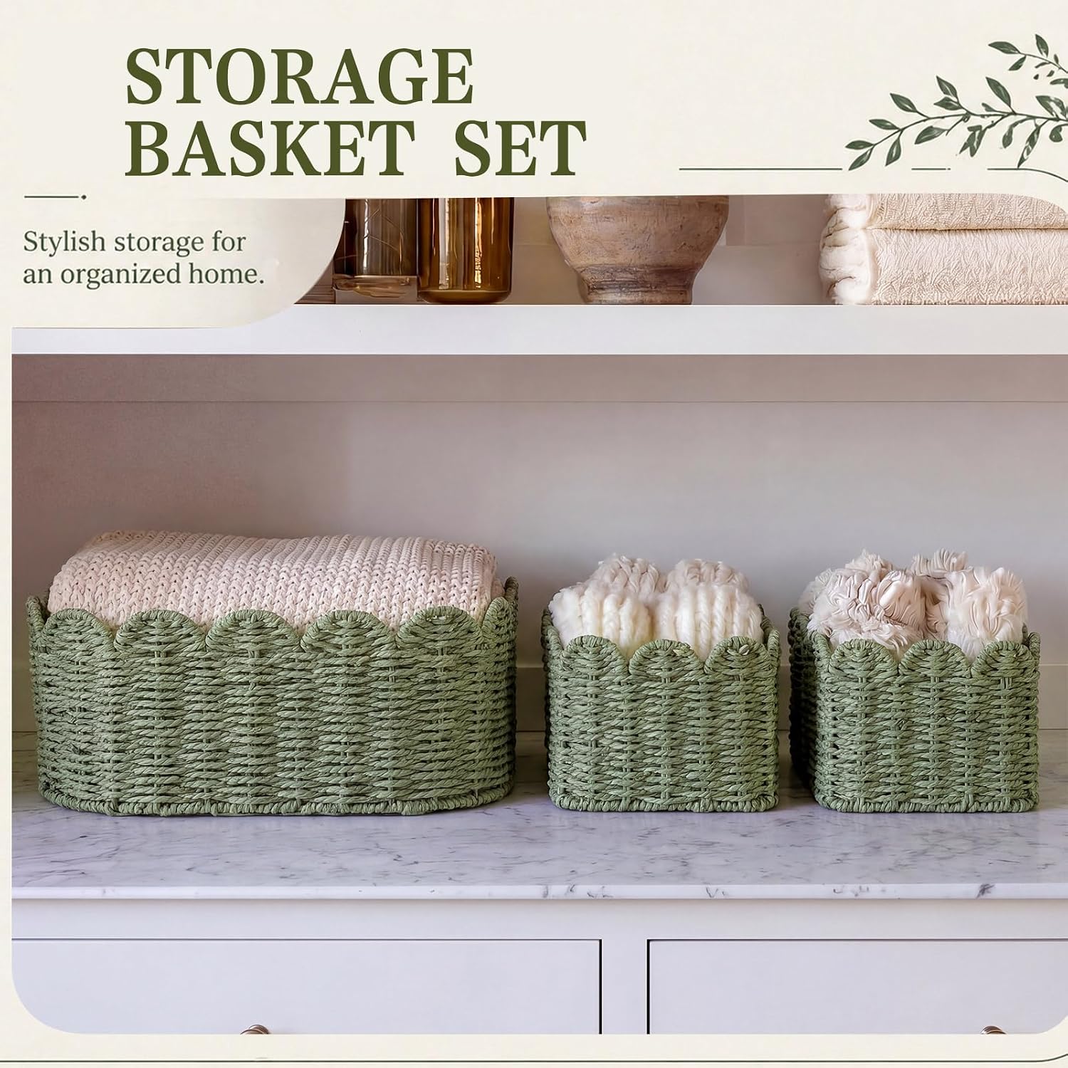 Scalloped Baskets for Organizing Paper Rope Storage Baskets Shelves / Sage Green / Set of 3