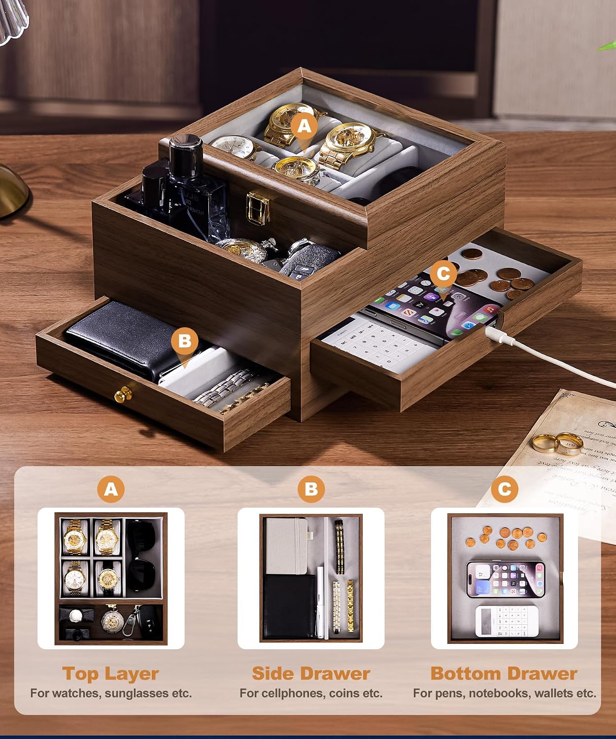 Homde Wooden Watch Box for Men: 3-Layer Organizer with 4 Watch Pillow | 4 Watch Pillows and 2 Drawers for Jewelry and