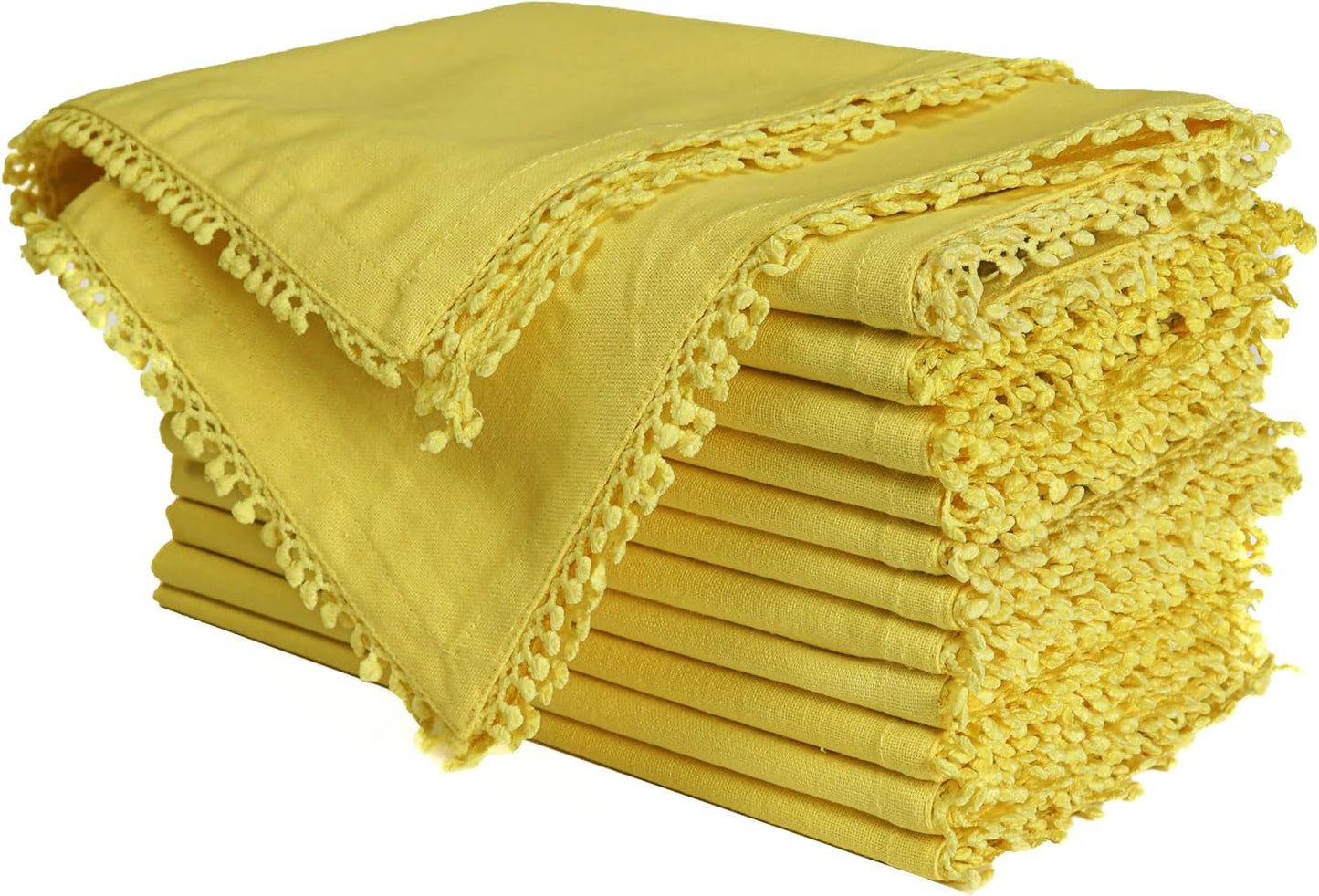 Bedding Craft Cotton Cloth Dinner Napkins Set of 12 – 18x18 Yellow with Decorative Lace Selvedge – Durable Machine