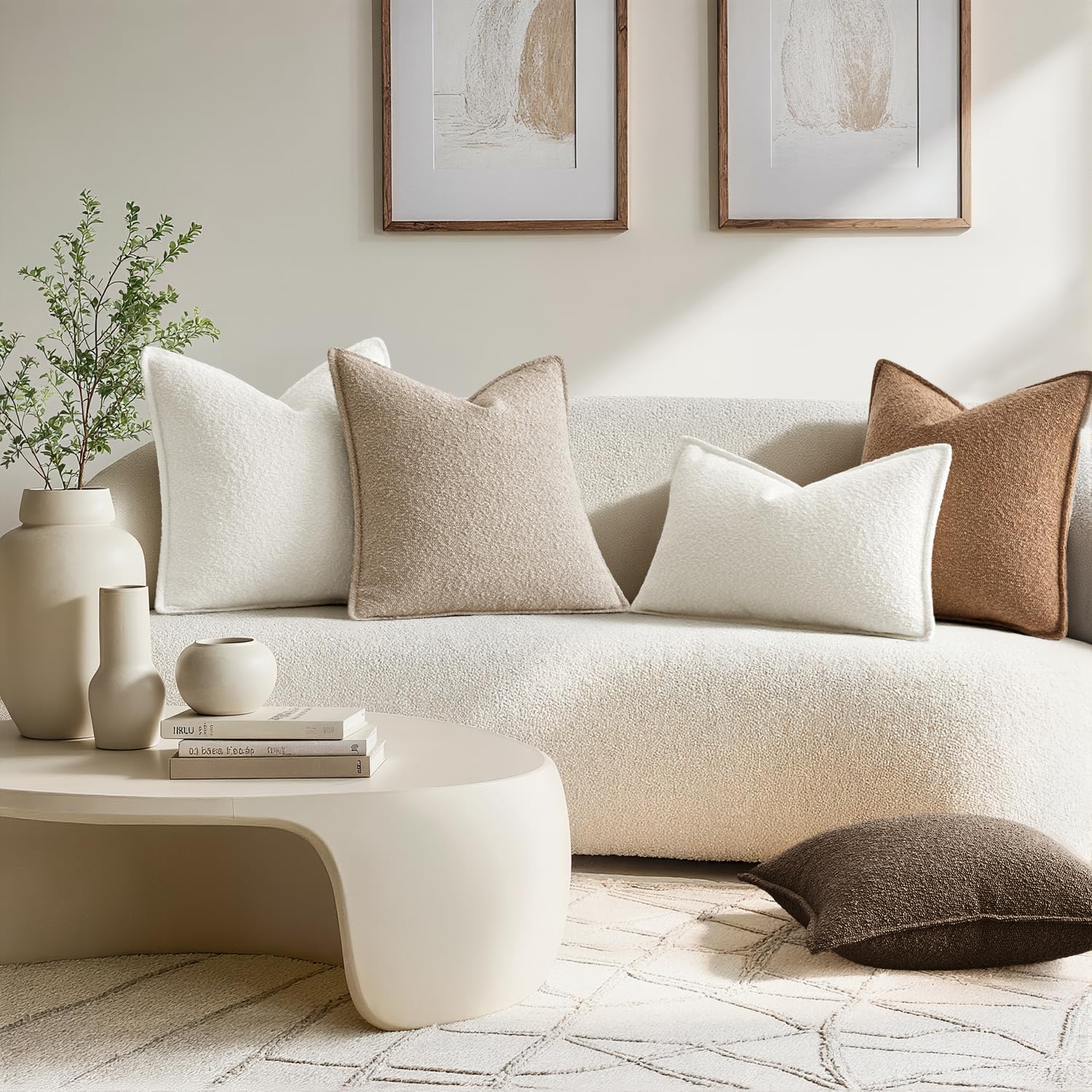 Decorative Textured Boucle Throw Pillow Covers Broadside Thick Boho / 18 x 18 / Oatmeal / Set of 2