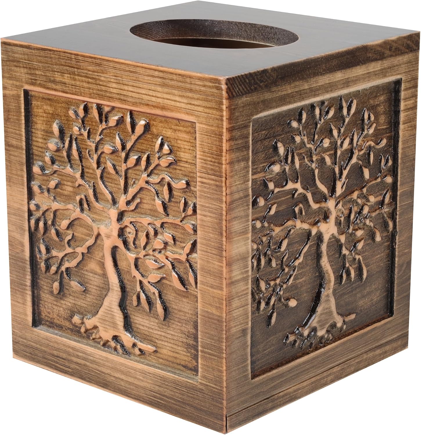 Embossed Wood Tissue Box Cover Square Brown Tissue Holder Lacquered Tree / Brown-tree of Life